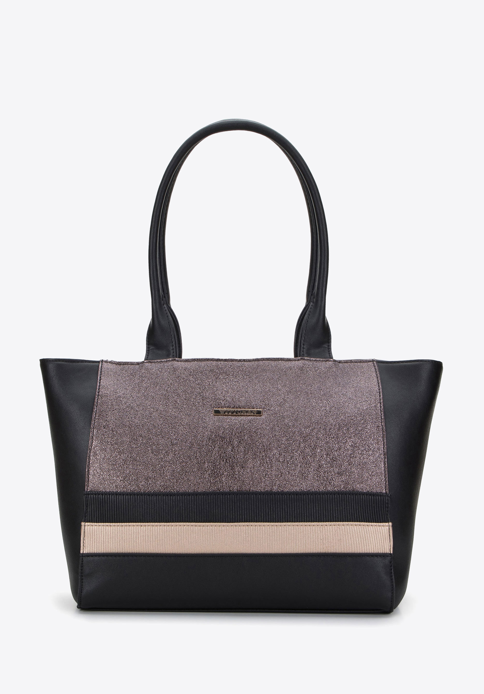 Torebka shopperka z ekoskóry z metaliczną wstawką i paskami