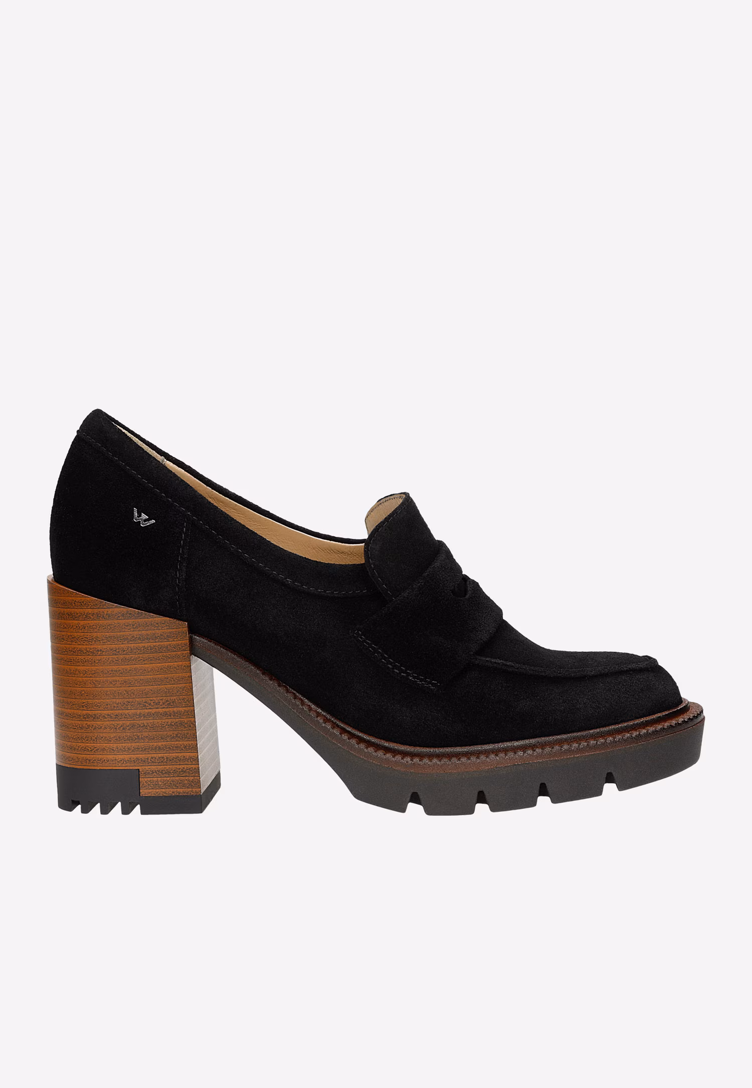 Czarne mokasyny damskie na wysokim obcasie i podeszwie z bieżnikiem