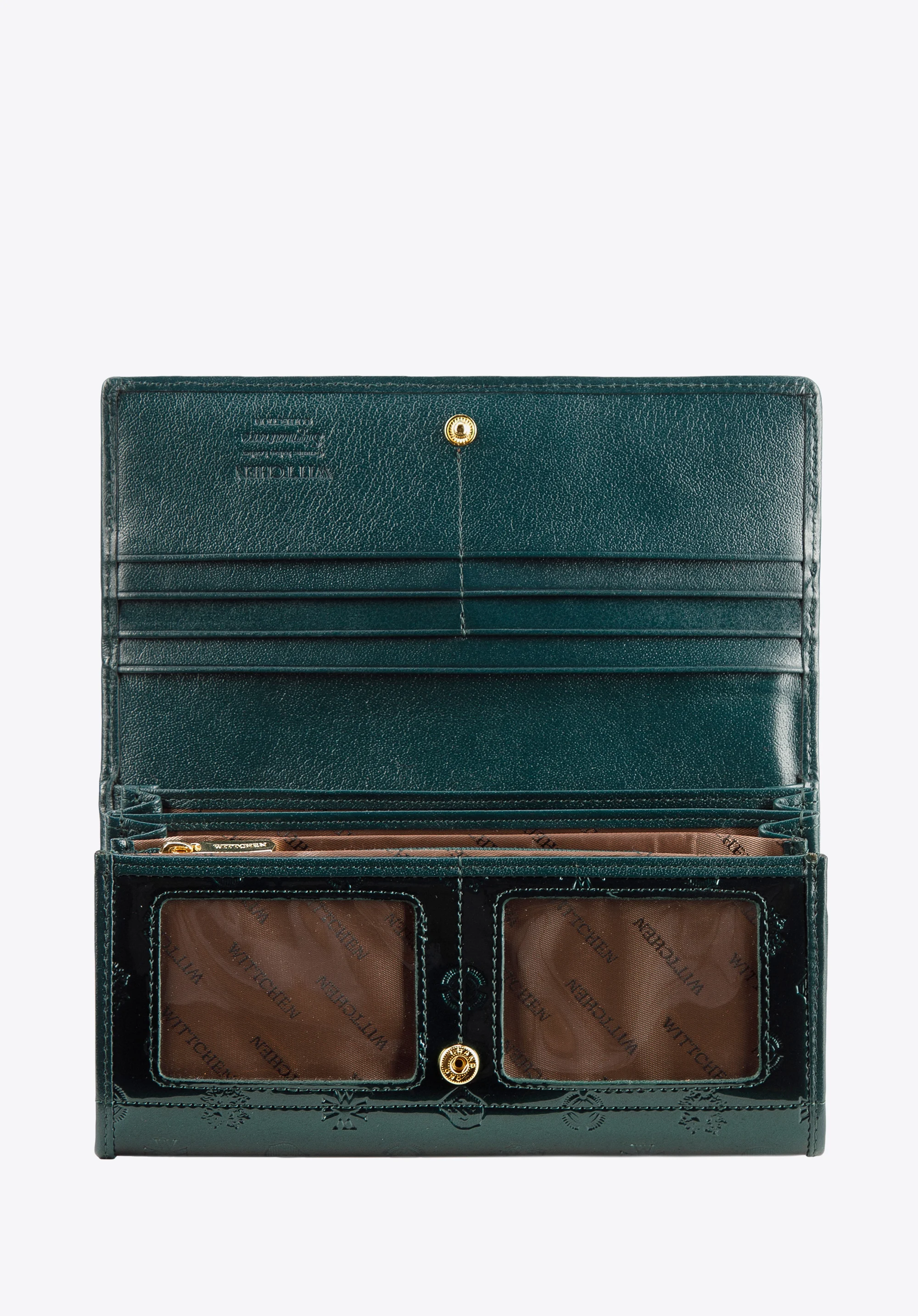 Damski portfel z lakierowanej skóry z monogramem i tasiemką