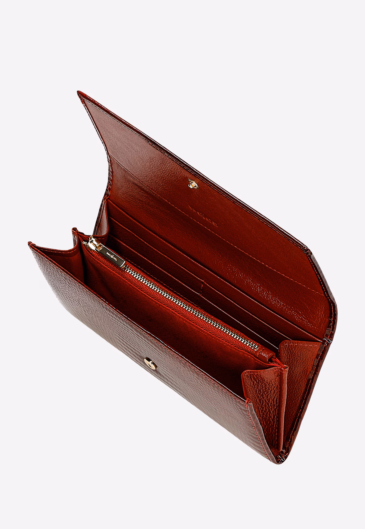 Czerwony lakierowany portfel damski z ciekawym tłoczeniem