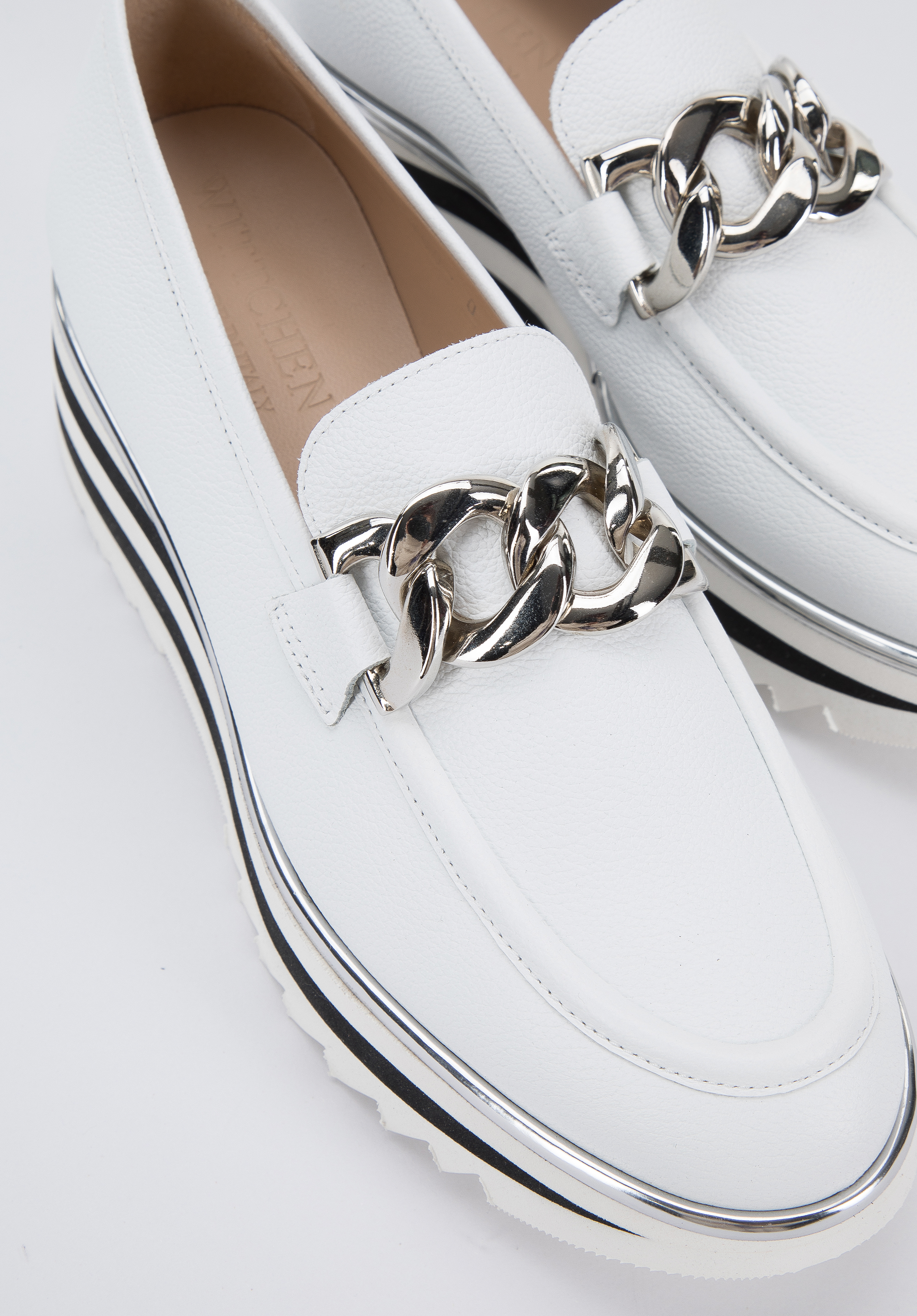 Damskie mokasyny skórzane z łańcuchem na platformie w pasy