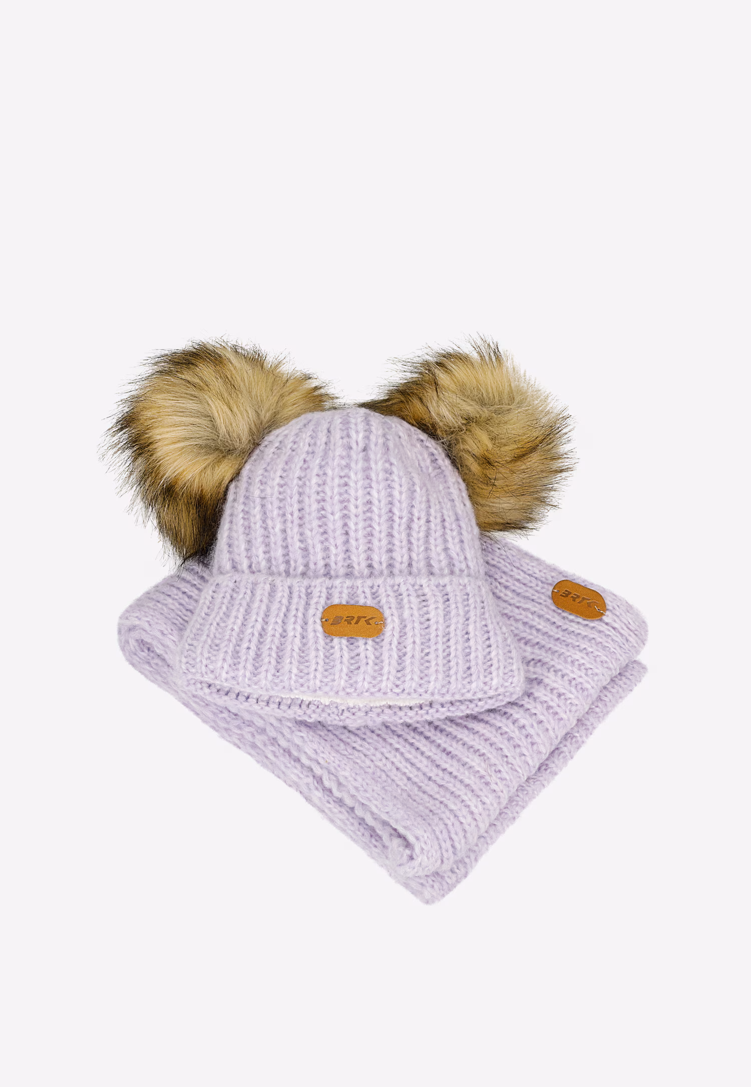 Fioletowy zestaw BARTEK 85603-86  z wełną merino - czapka z dwoma pomponami i komin