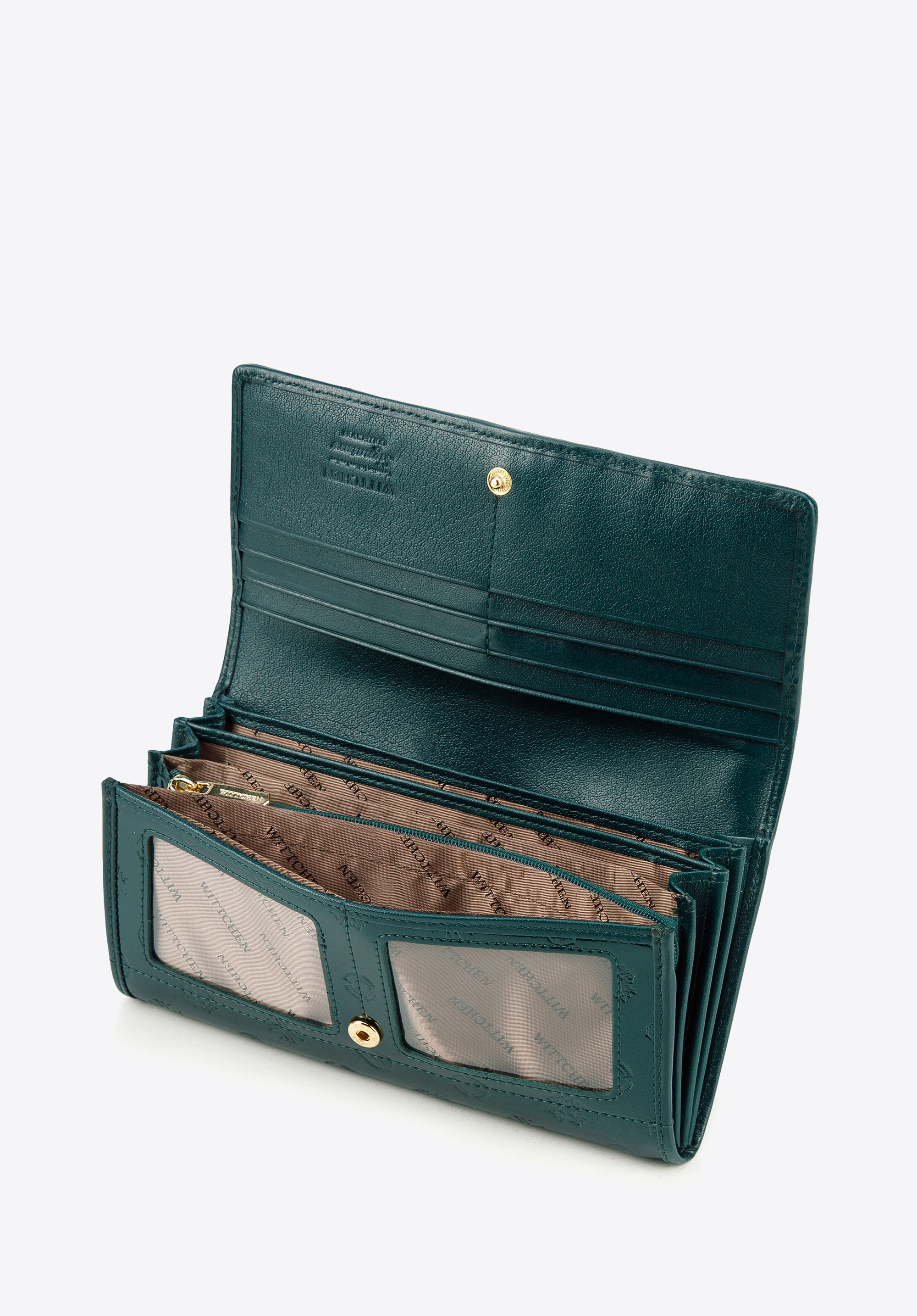 Damski portfel z lakierowanej skóry z monogramem i tasiemką