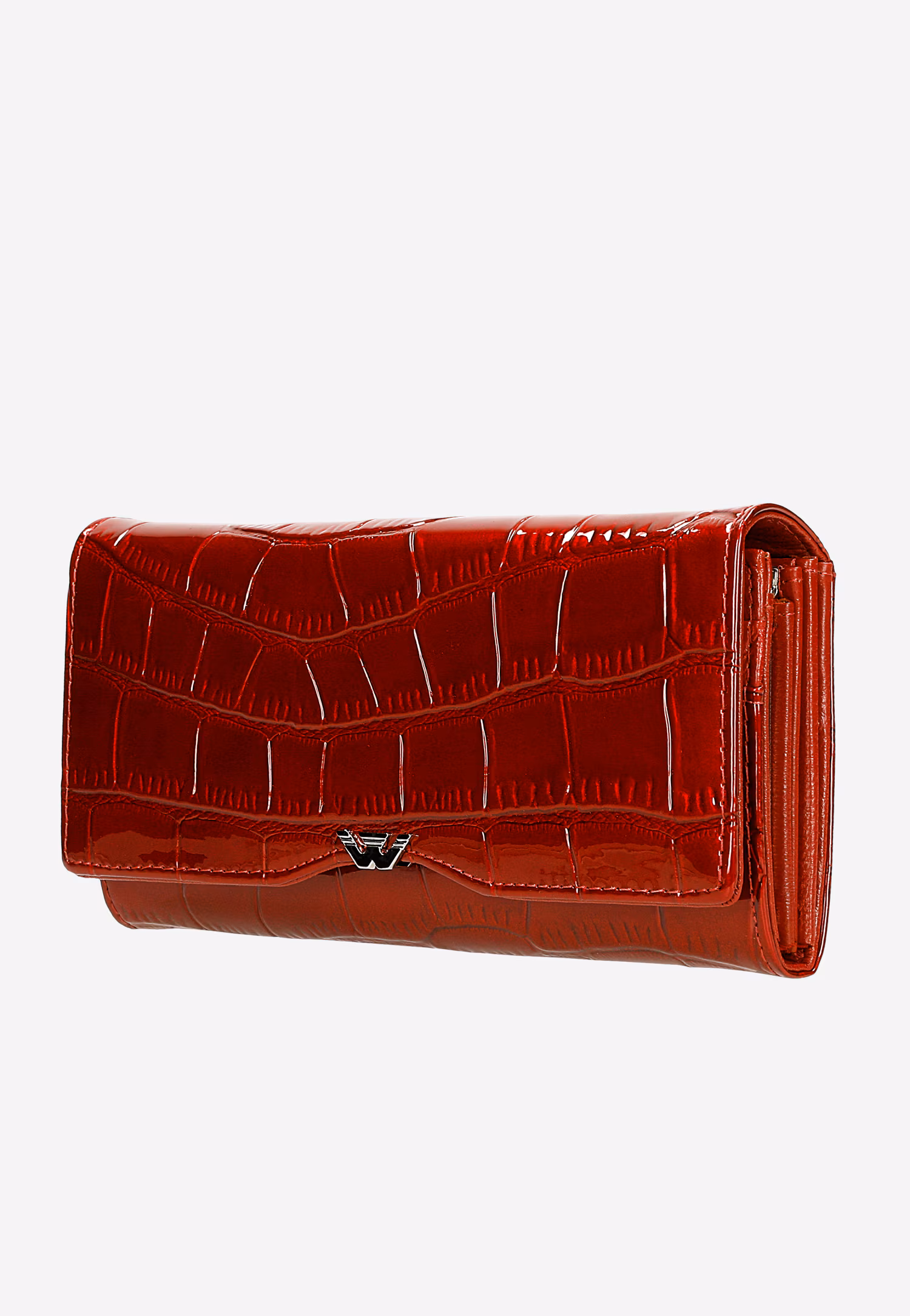 Duży czerwony portfel z lakierowanej skóry z lekko metalicznym połyskiem