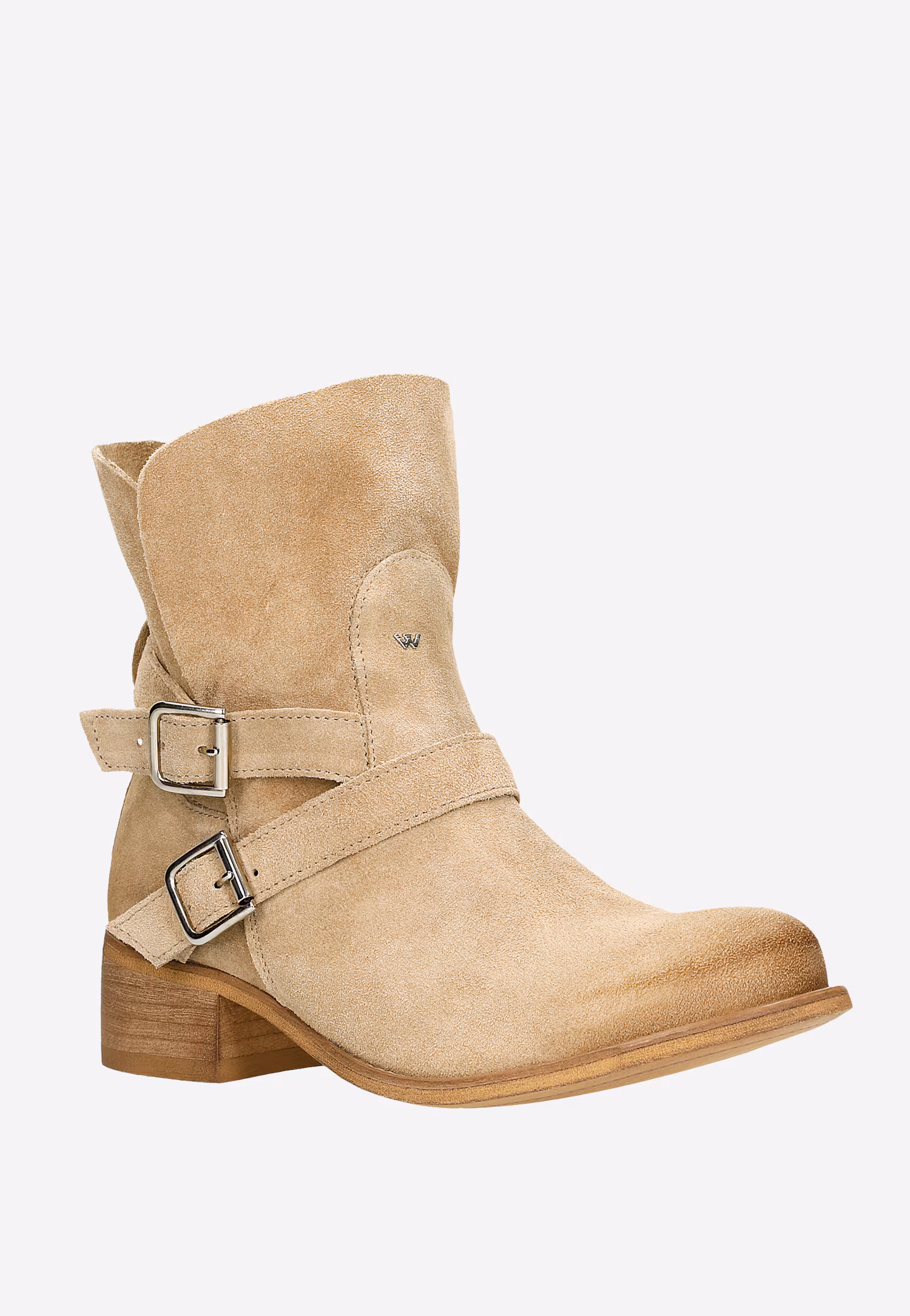 Beżowe botki damskie z ozdobnymi klamrami