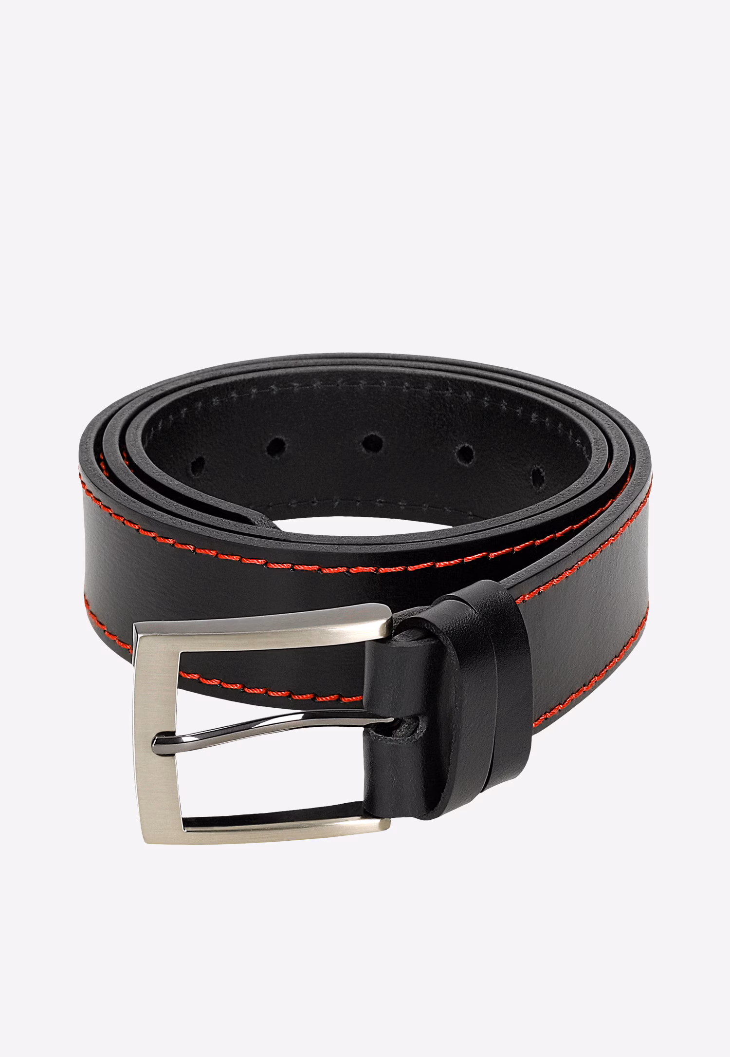 Czarny skórzany pasek męski z czerwonym przeszyciem