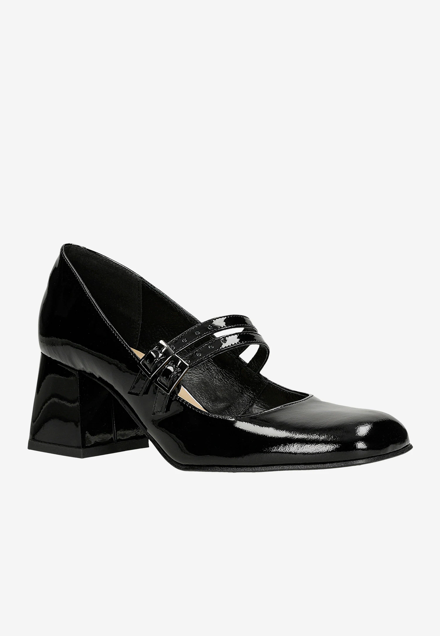 Bordowe lakierowane czółenka Mary Jane na szerokim słupku