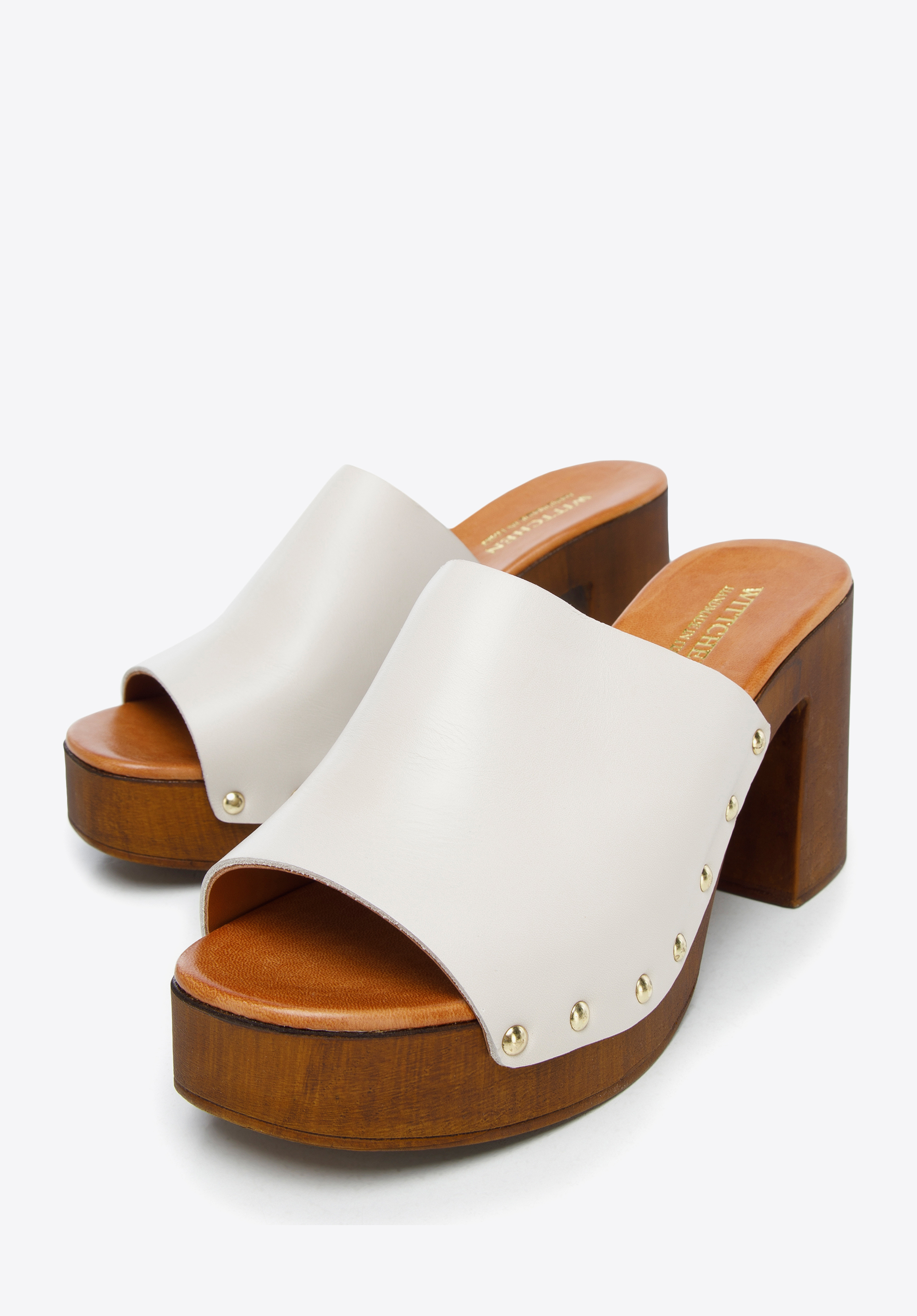 Damskie klapki skórzane na słupku z imitacji drewna