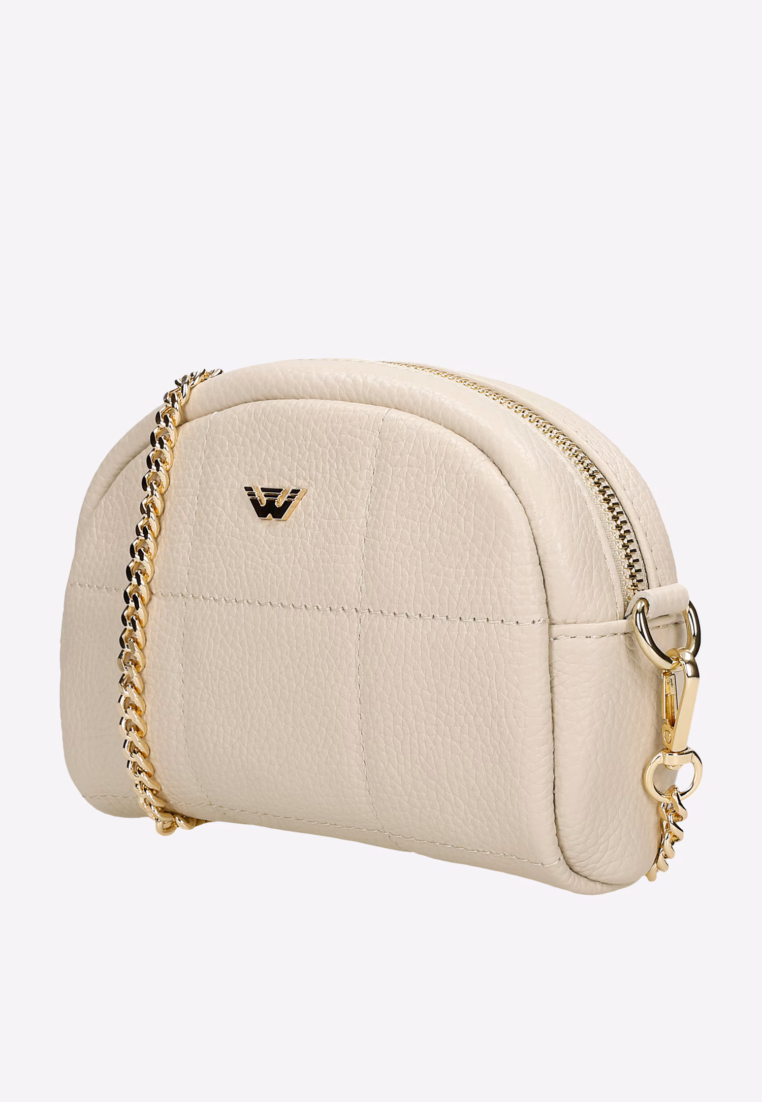 Mała beżowa torebka damska ze złotym łańcuszkiem