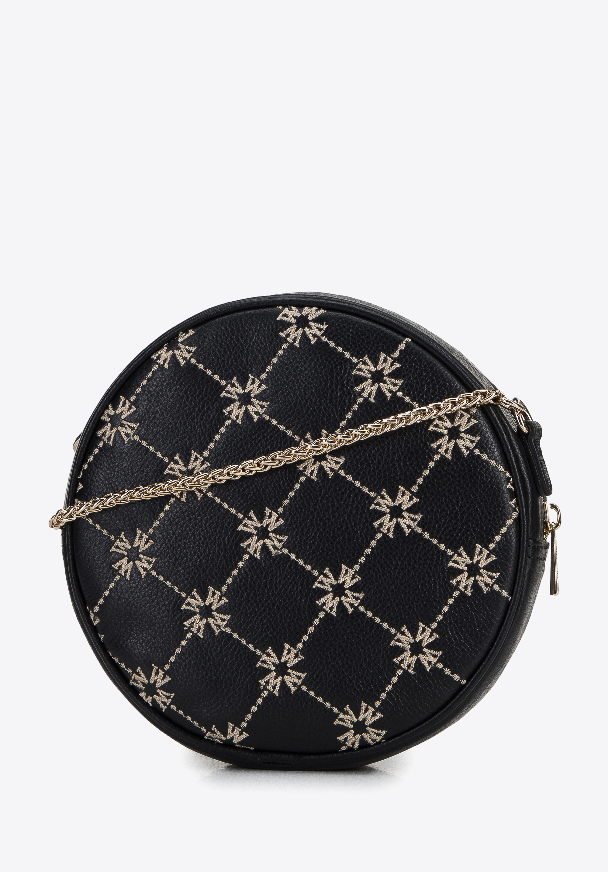 Damska torebka skórzana z haftowanym monogramem okrągła