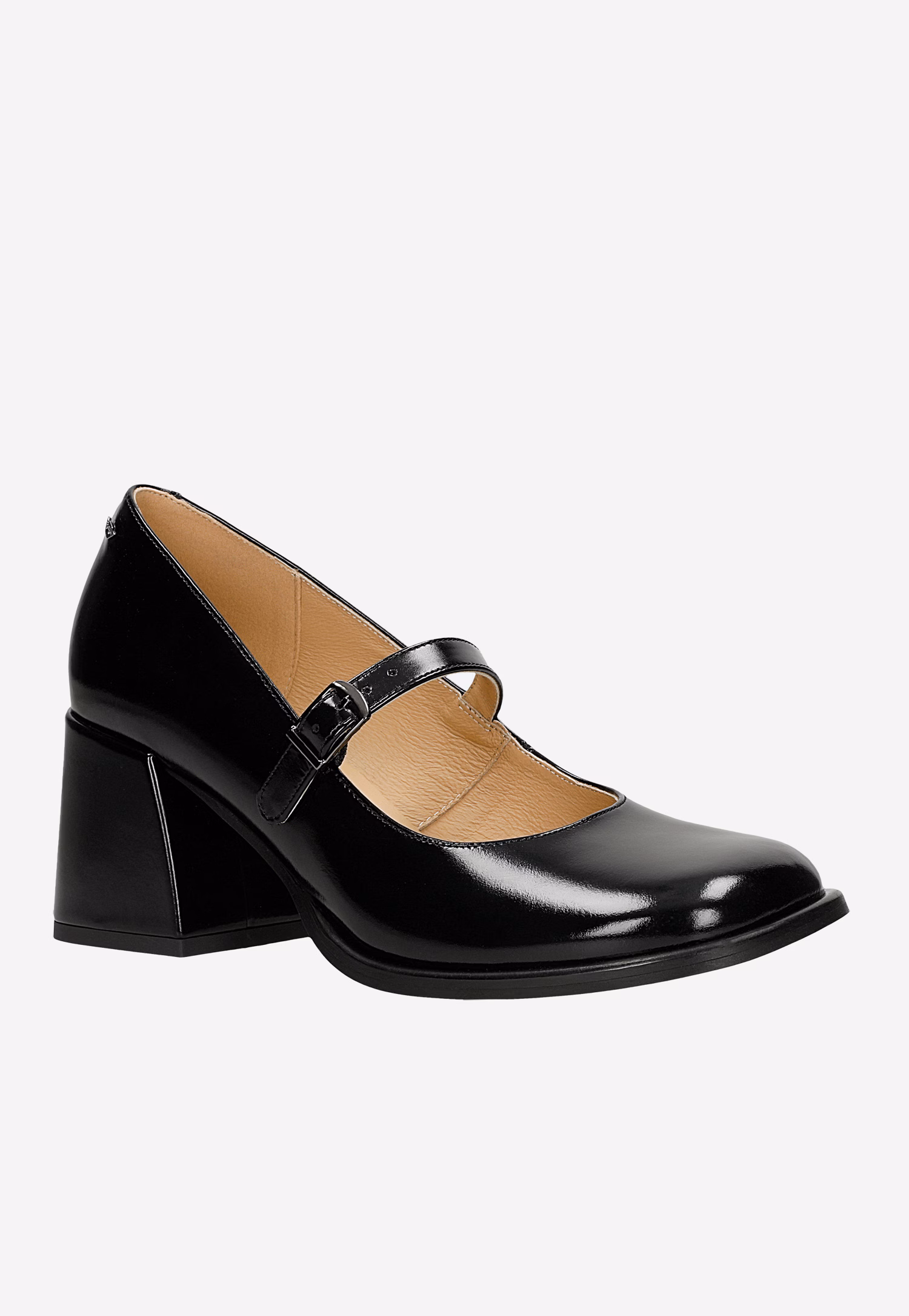 Czarne lakierowane czółenka Mary Jane na stabilnym słupku