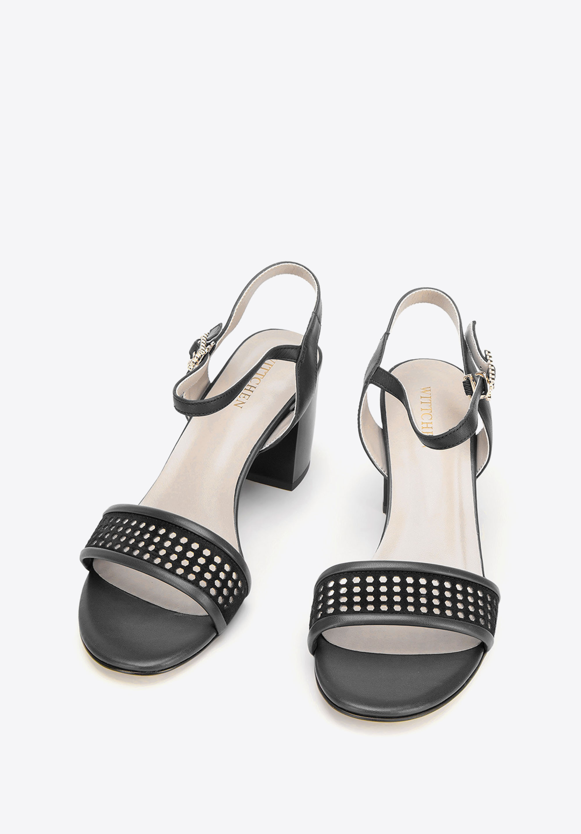 Damskie sandały zamszowe na słupku ażurowe