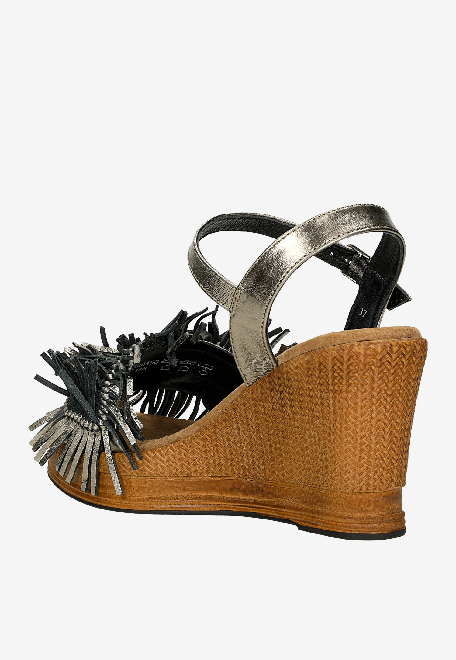 Metaliczne sandały na wysokiej koturnie z ozdobą na pasku