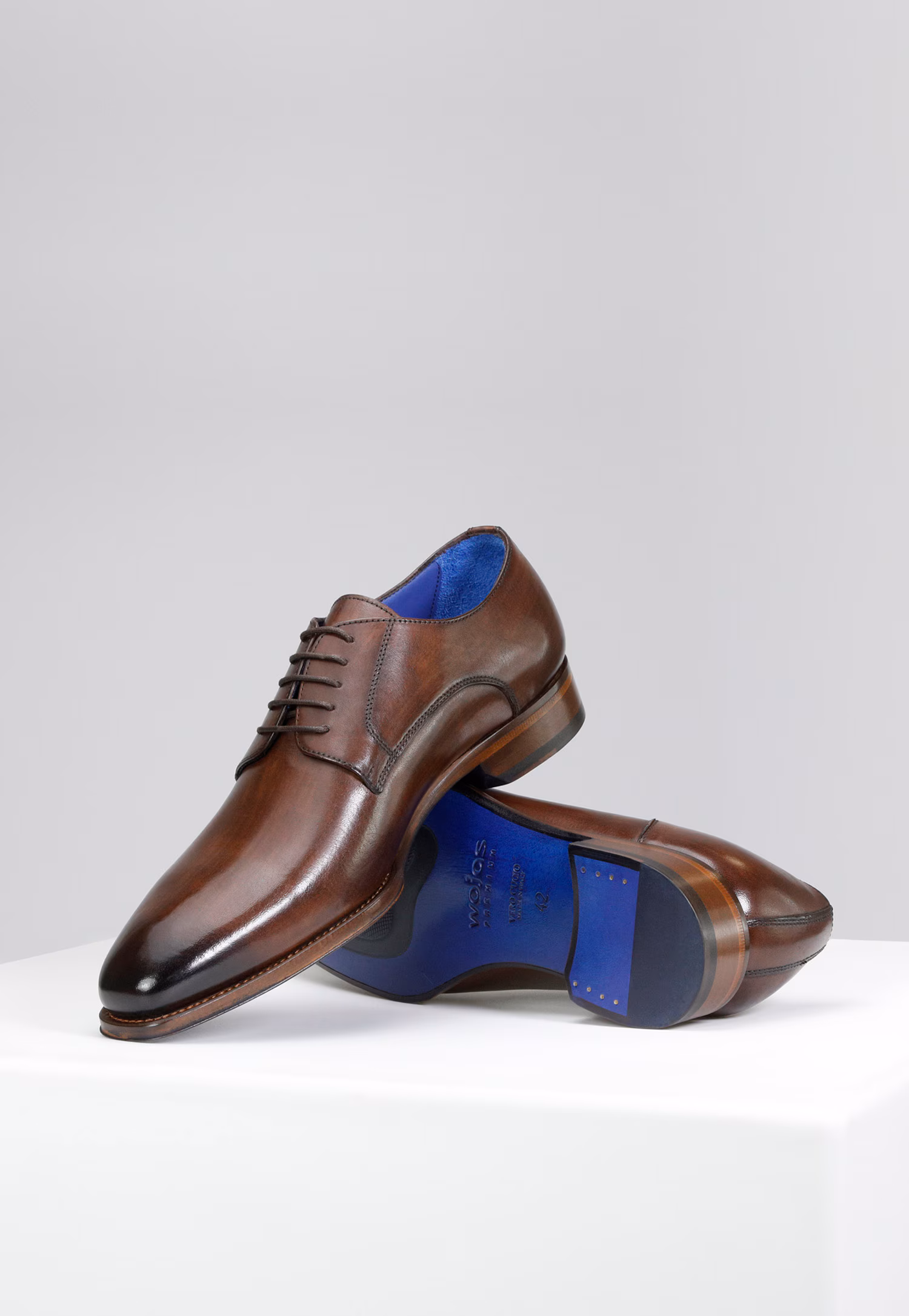 PREMIUM brązowe wizytowe półbuty męskie z niebieskim wnętrzem