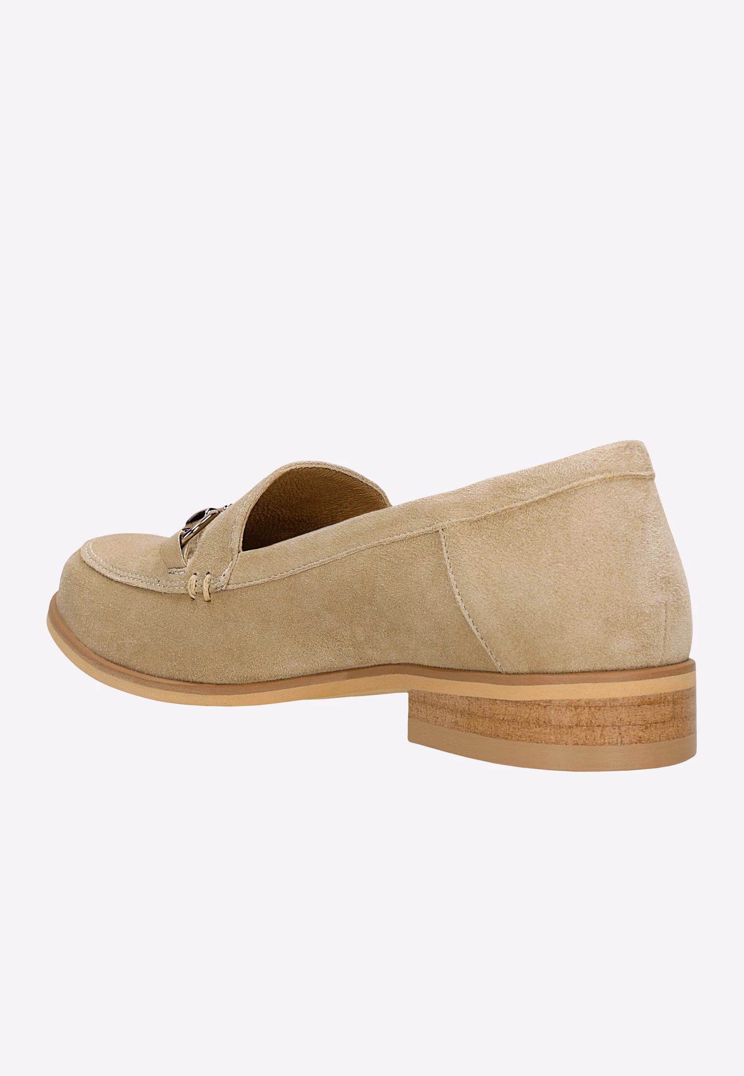 Beżowe mokasyny damskie z metalową klamrą