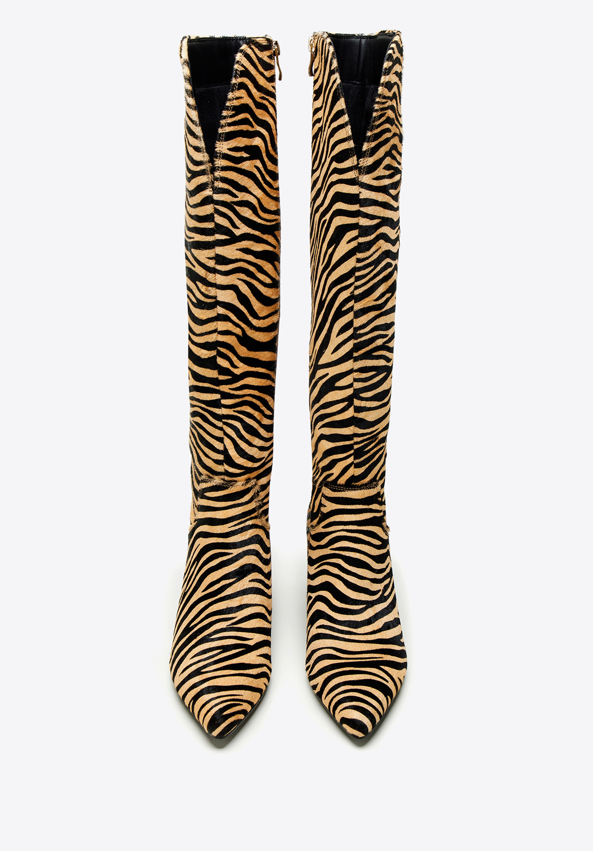 Damskie kozaki ze skóry z włosiem w zwierzęcy wzór