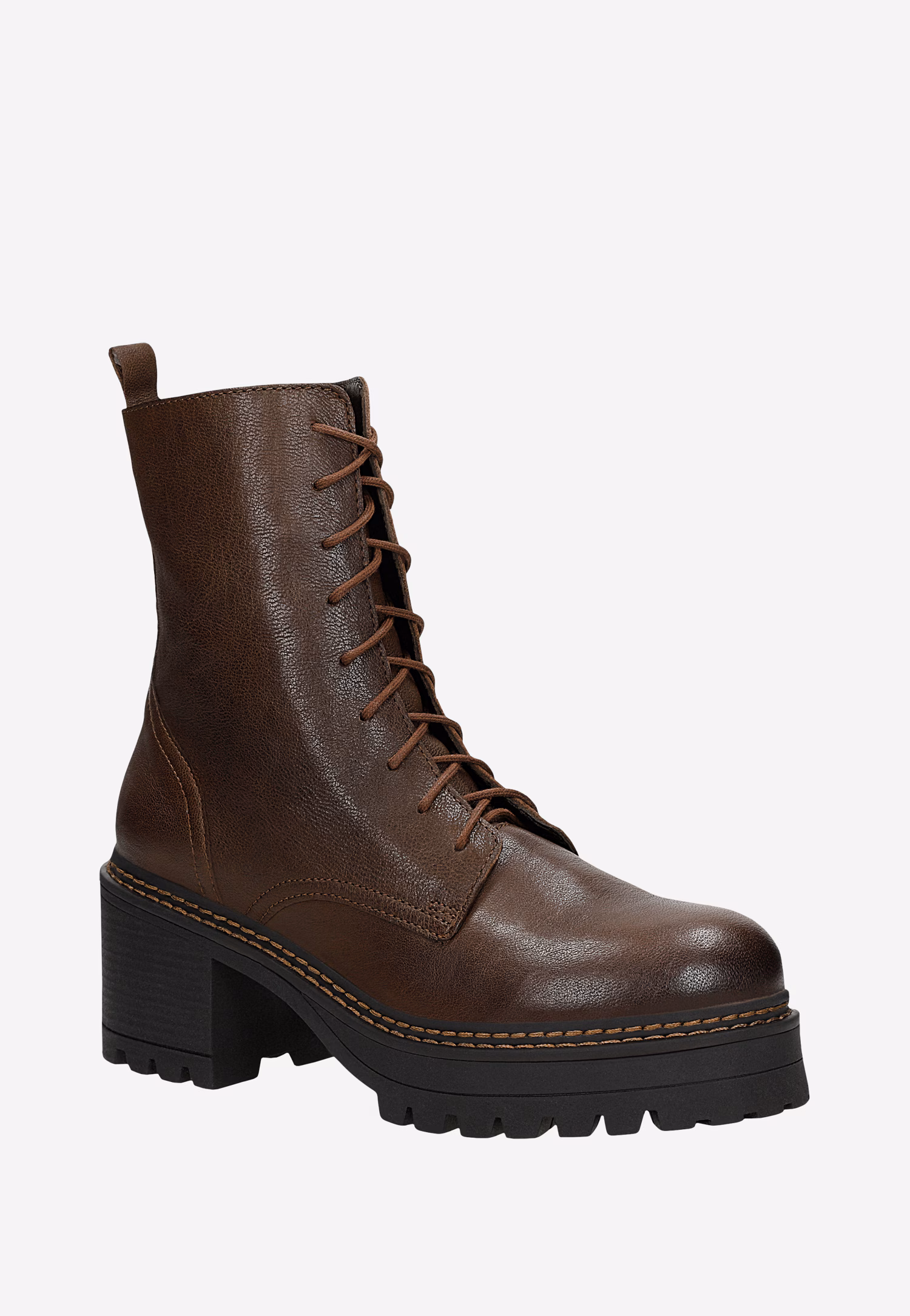 Brązowe skórzane trzewiki damskie na stabilnym obcasie