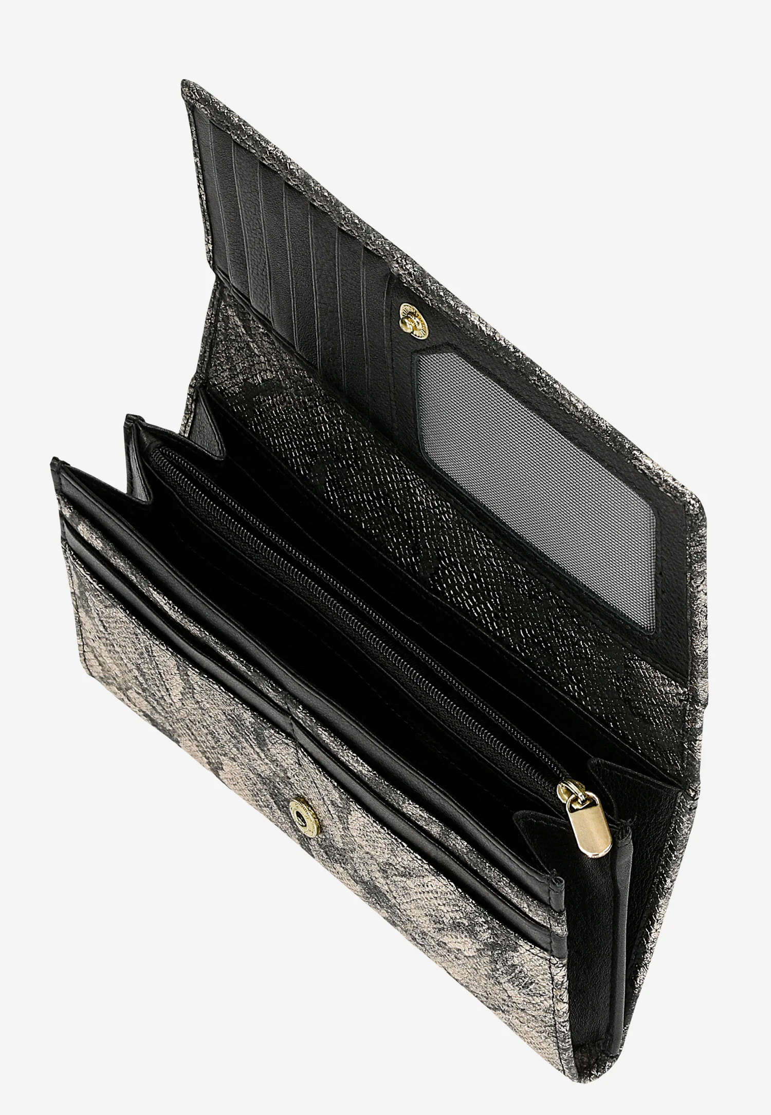 Duży czarno-złoty portfel damski w zwierzęcy print