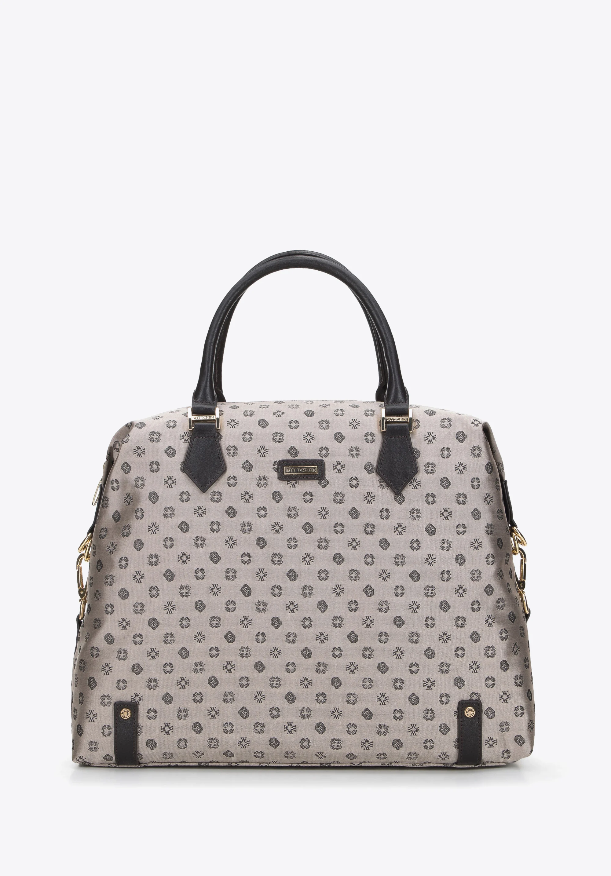 Torebka kuferek z żakardu i skóry z bocznymi zapięciami