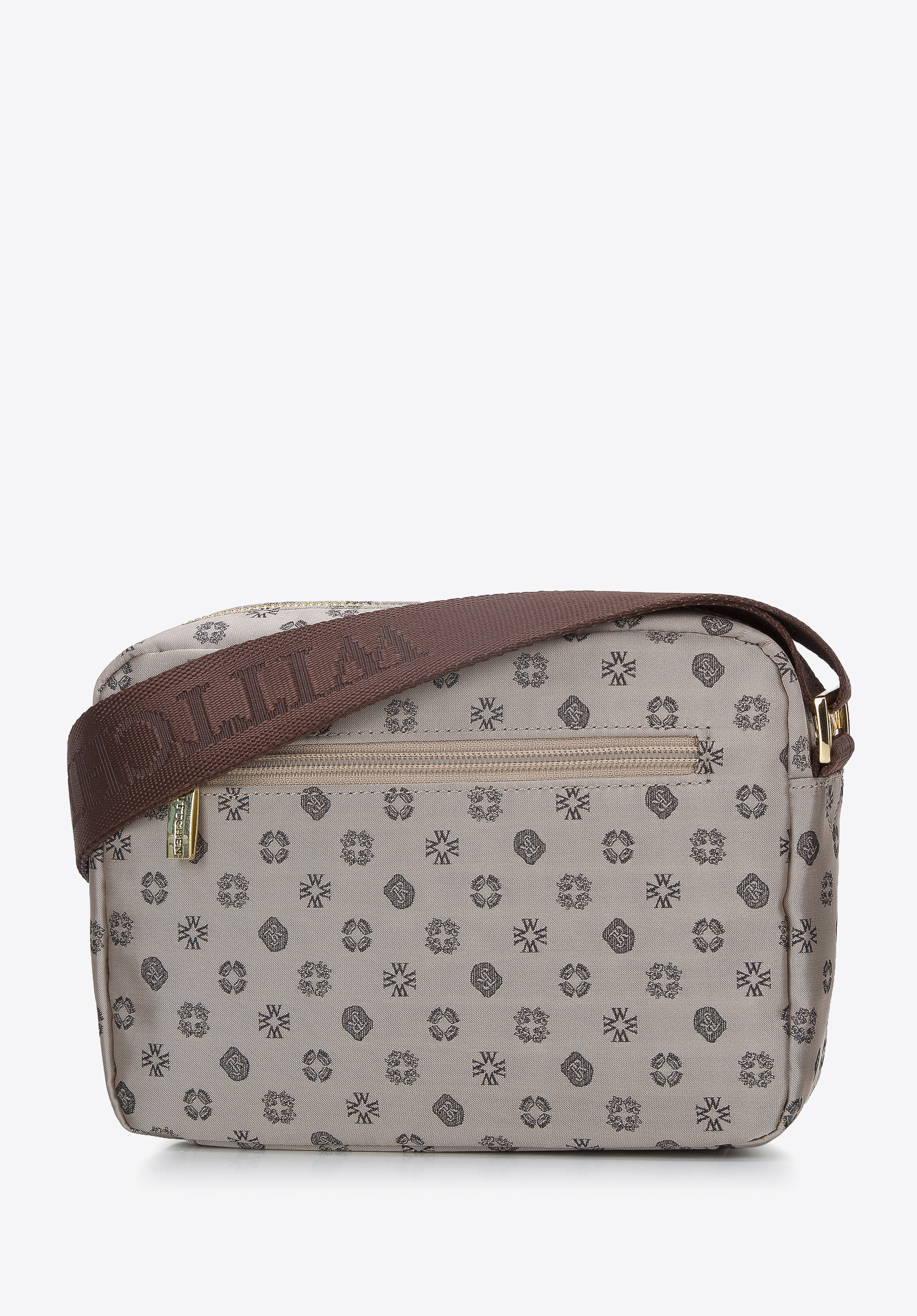 Damska torebka żakardowa z opaskami ze skóry pozioma