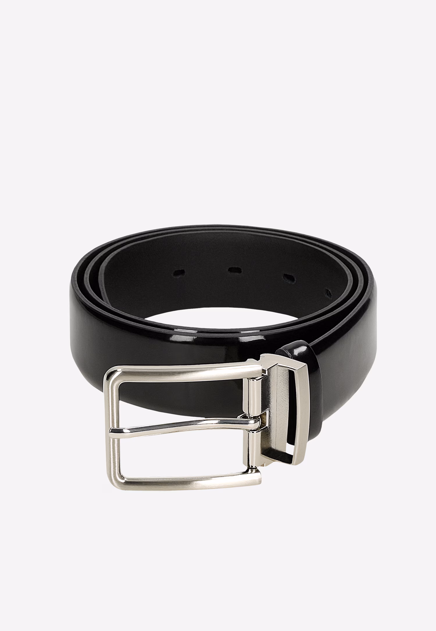 Czarny lakierowany pasek męski ze srebrną klamrą