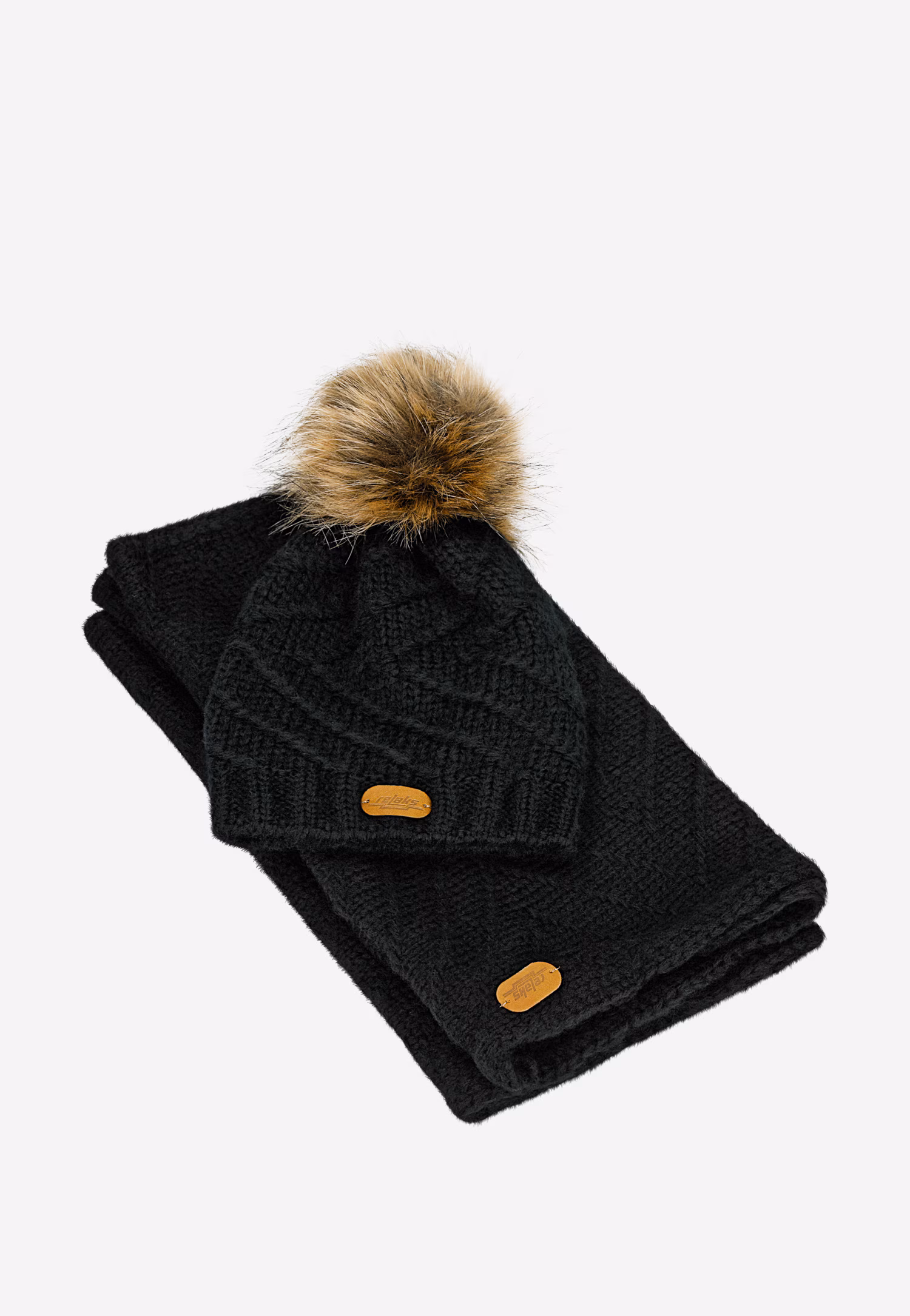 RELAKS beżowy komplet z wełny merino czapka z pomponem + komin