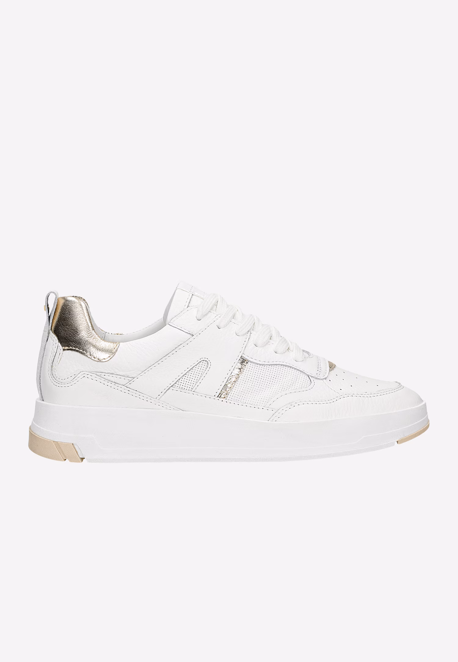 Białe skórzane trampki damskie ze złotymi akcentami