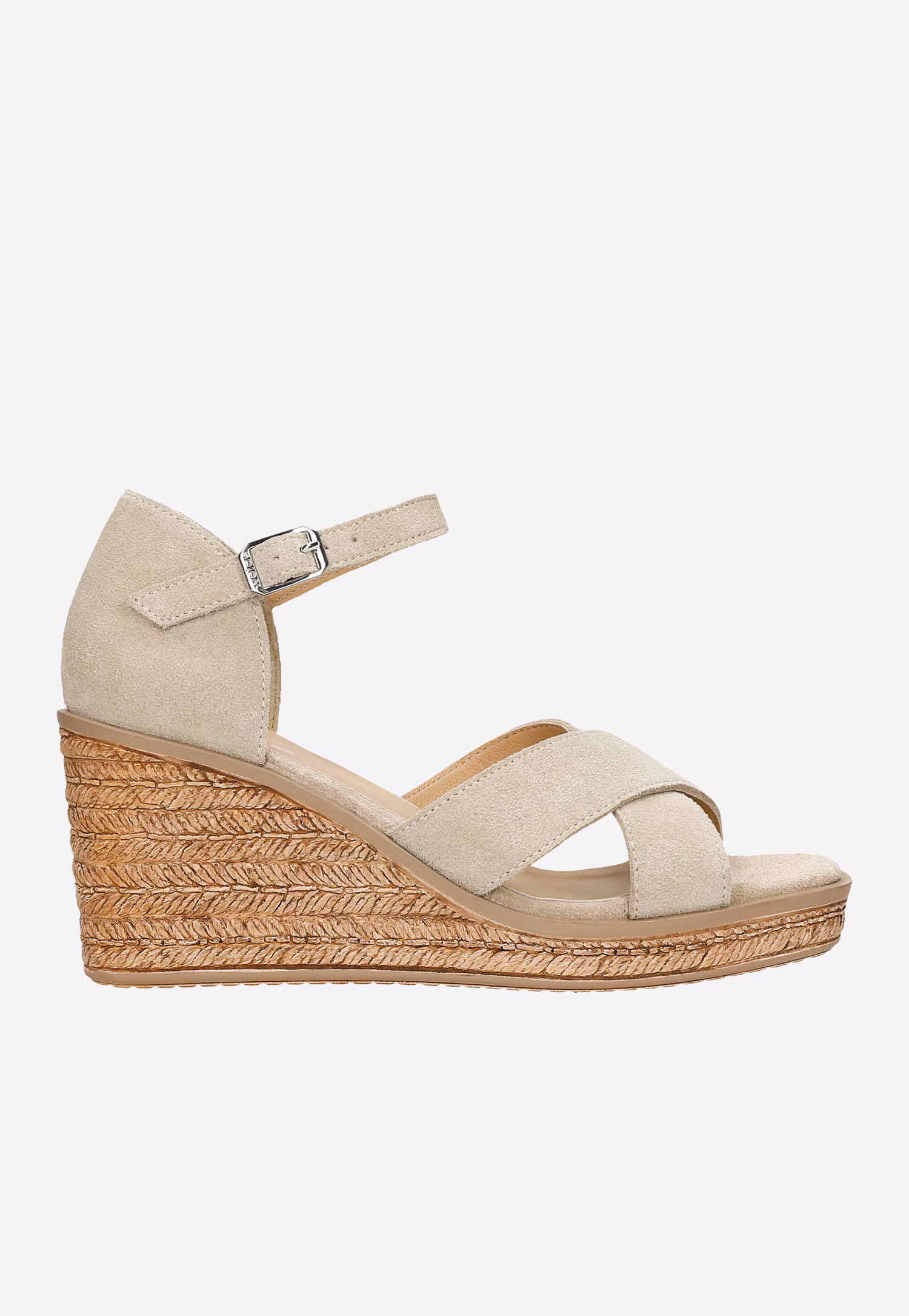 Beżowe sandały z dwoiny welurowej na koturnie