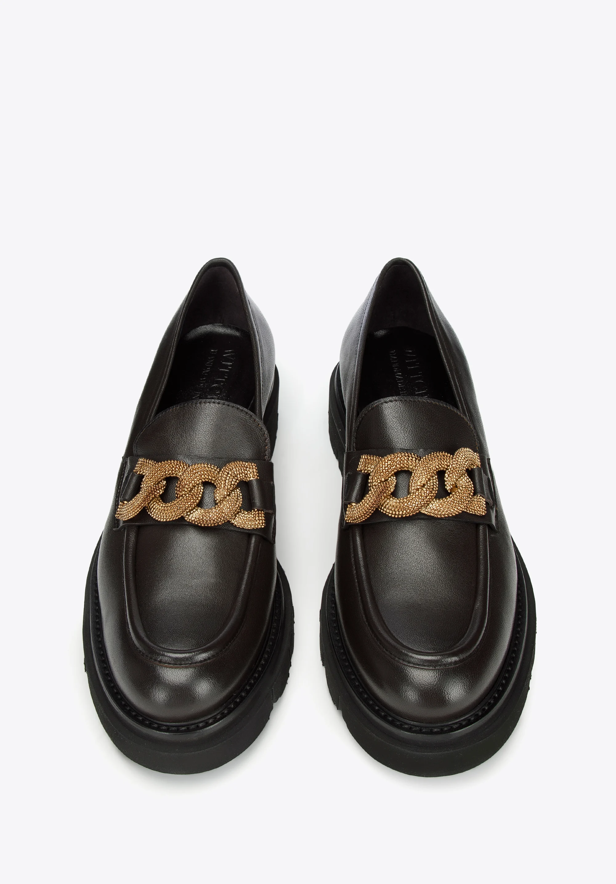 Damskie mokasyny skórzane z ozdobnym łańcuchem na platformie