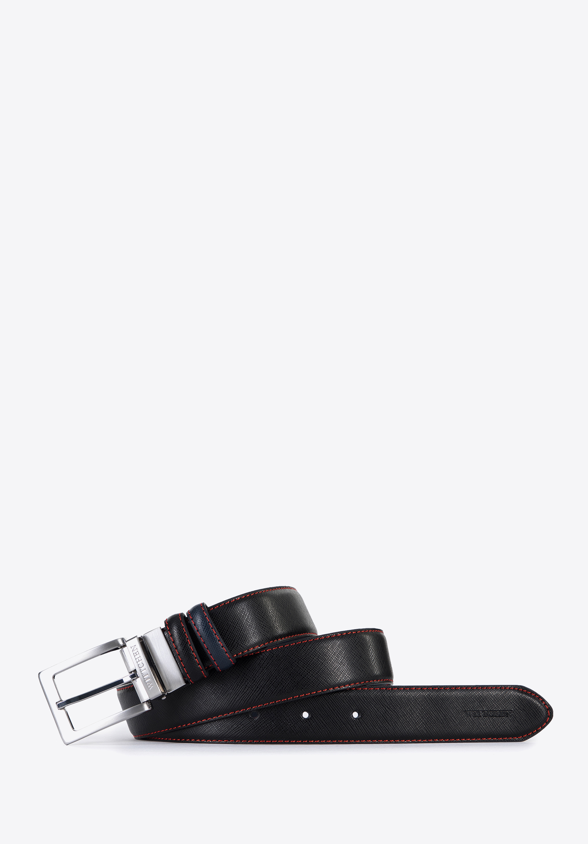 Męski pasek skórzany dwustronny z czerwoną nicią