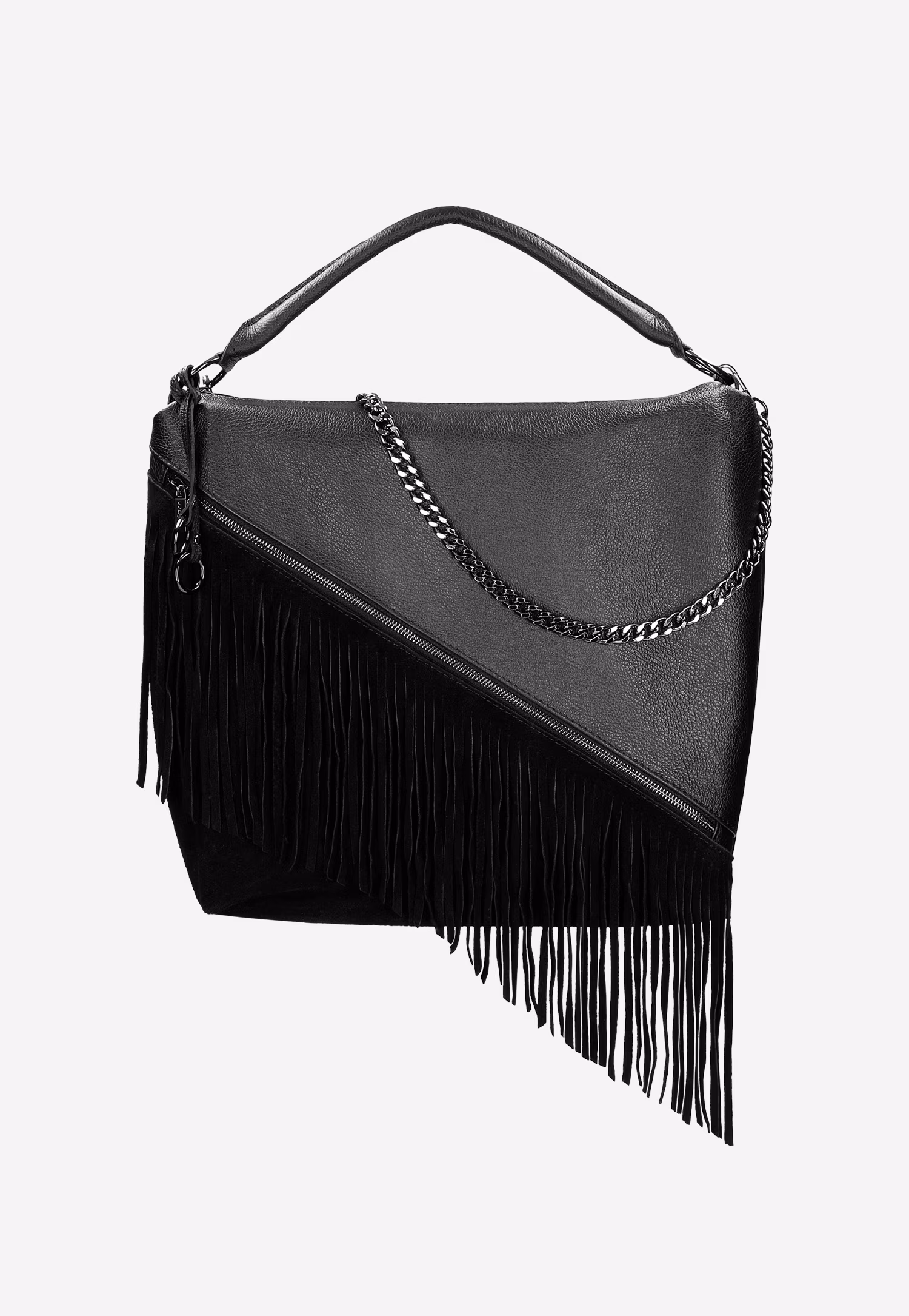 Jasnobrązowa skórzana torebka damska z frędzlami i łańcuchem