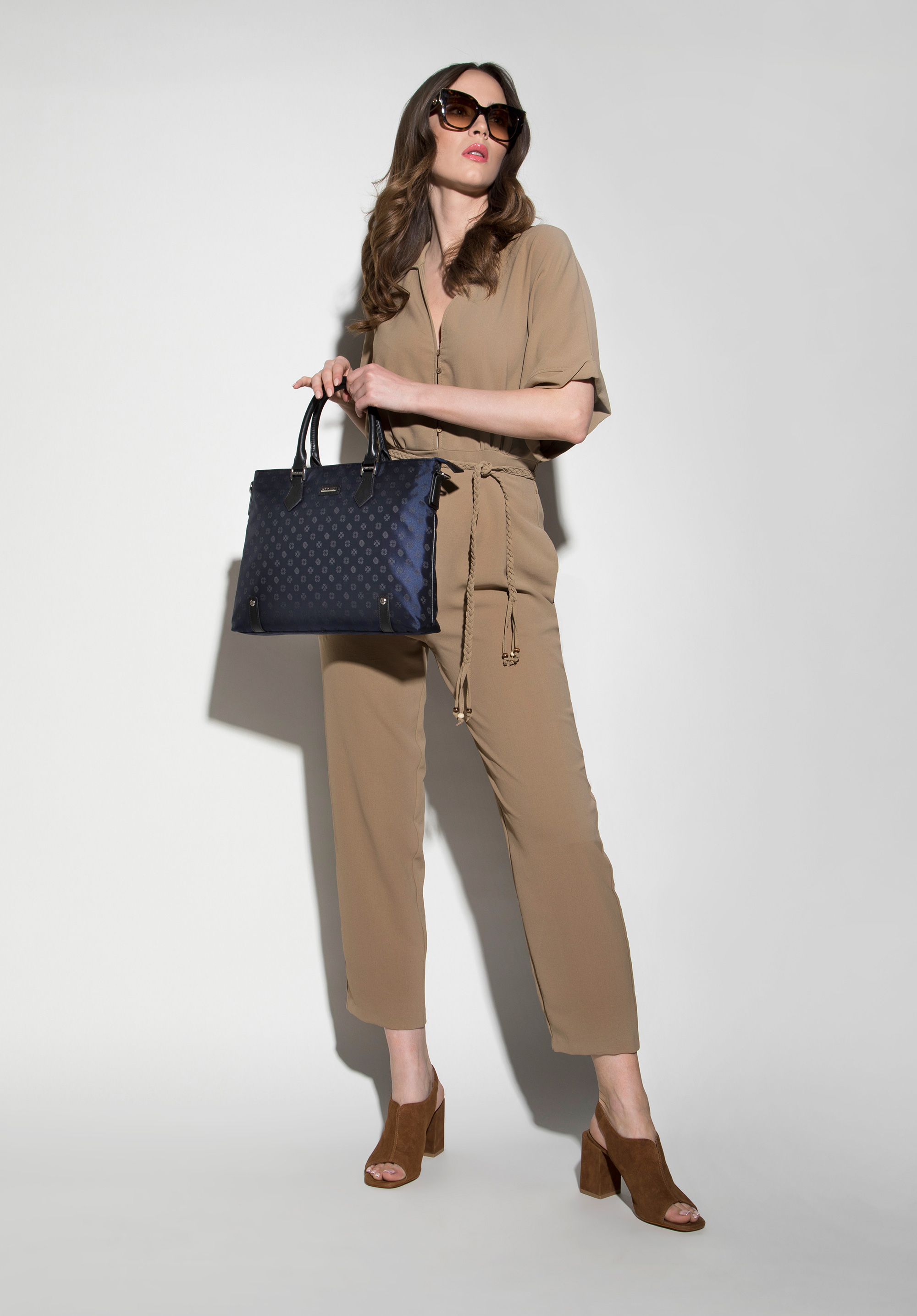 Damska torba na laptopa 12” z żakardu z opaskami ze skóry