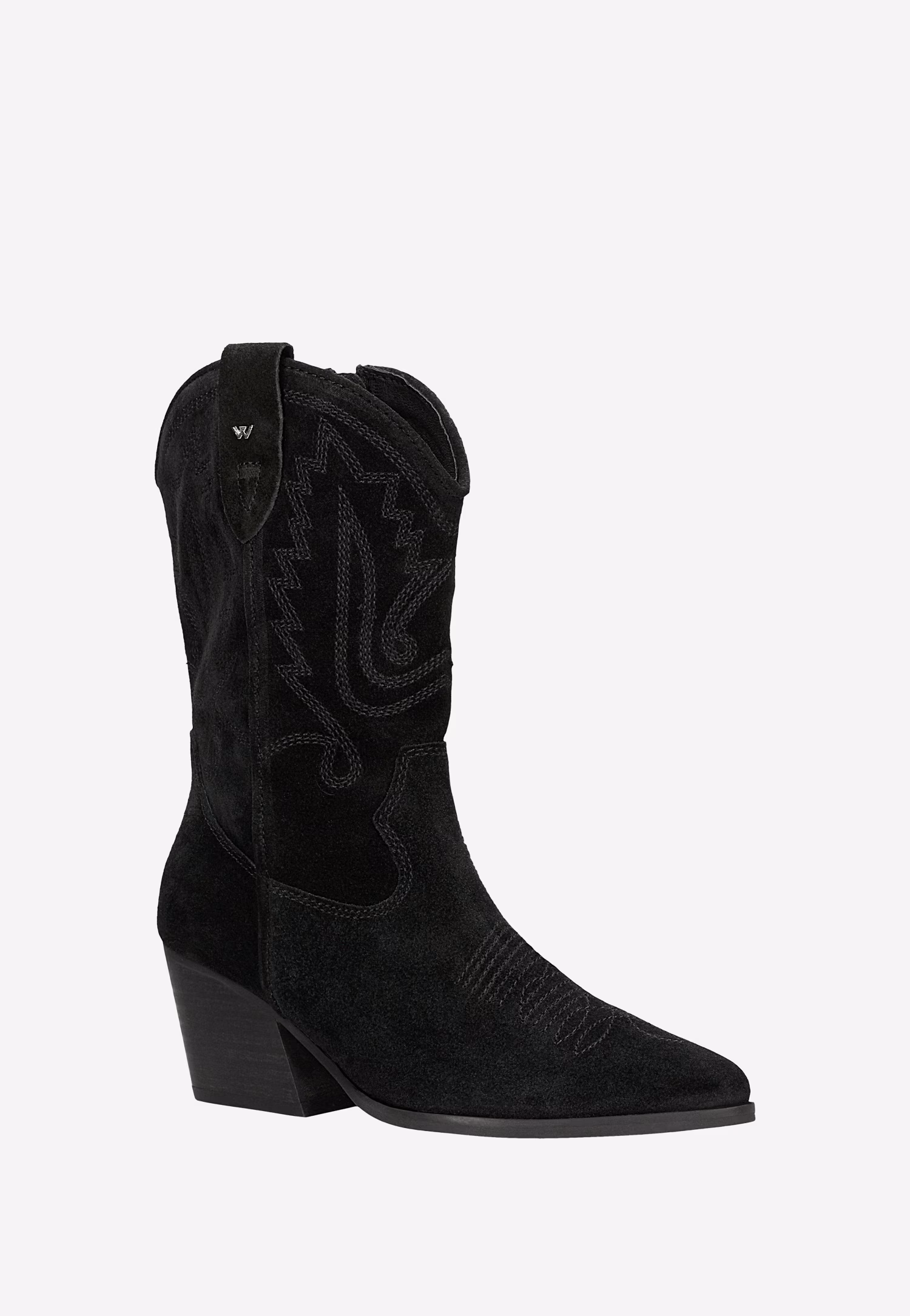 Czarne kowbojki z dwoiny z ozdobnymi przeszyciami