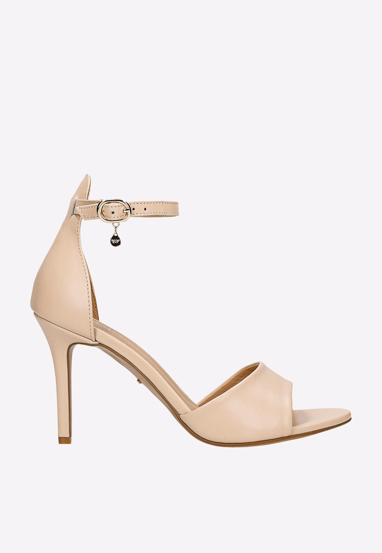 Beżowe sandały na szpilce z paskiem wokół kostki