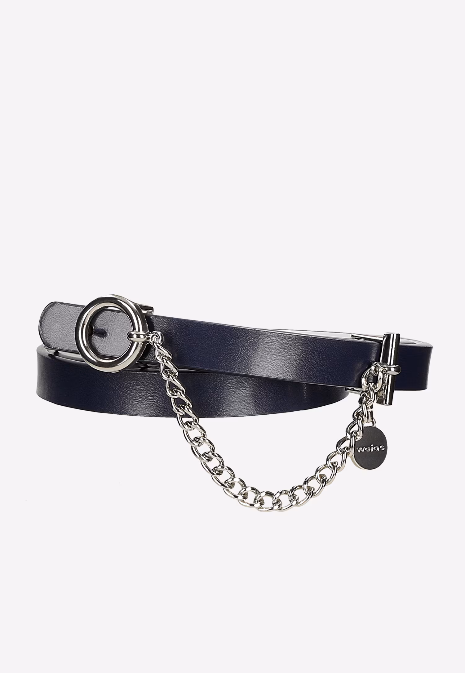 Dwustronny pasek damski granatowo-biały z ozdobnym łańcuszkiem