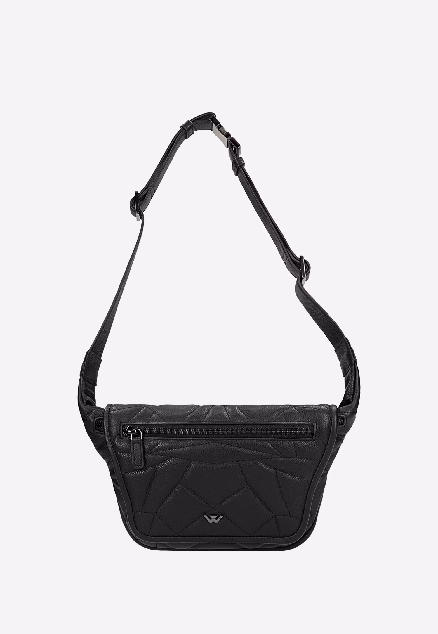 Czarna skórzana torebka nerka z pikowanym geometrycznym wzorem