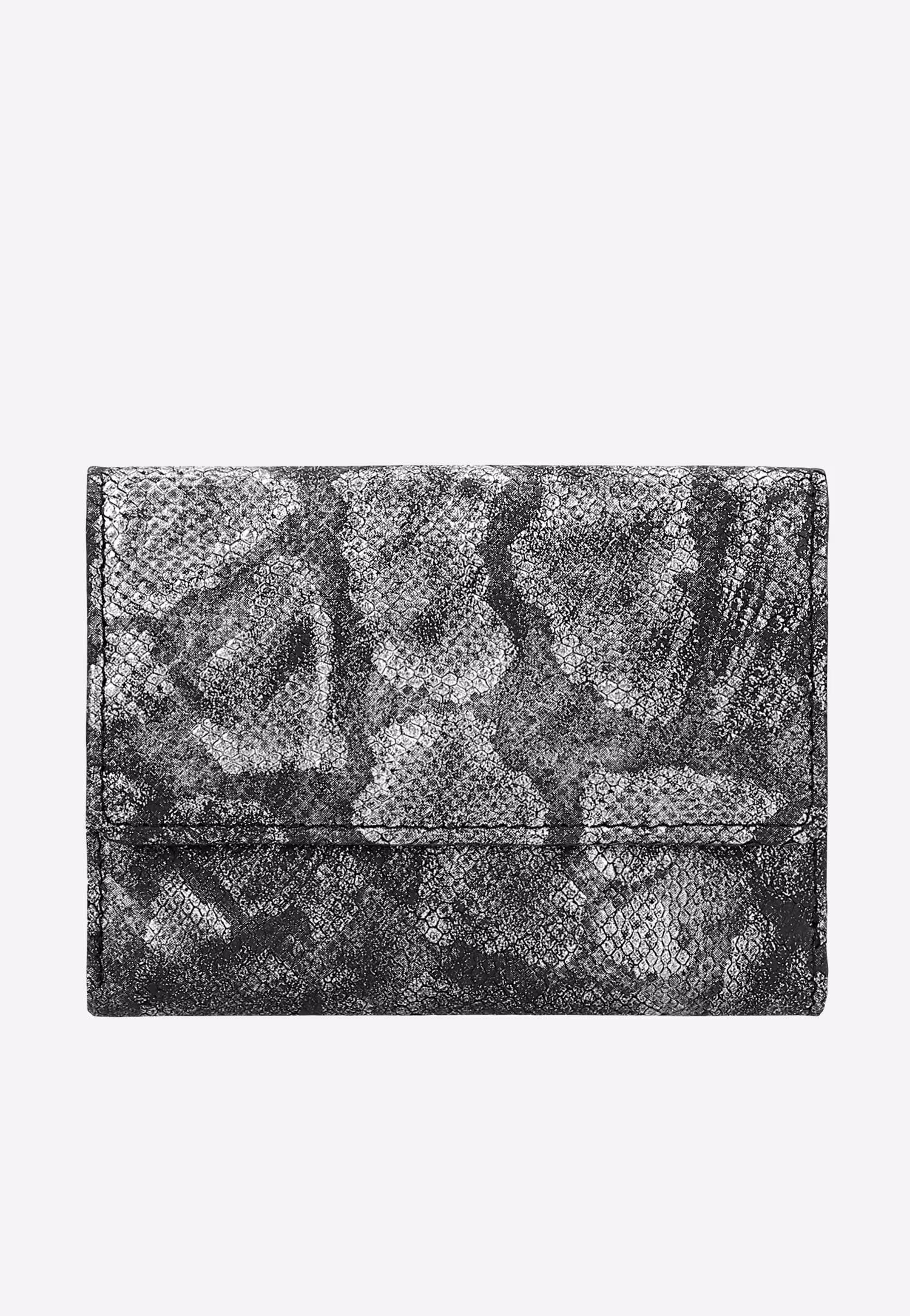 Mały srebrno-czarny portfel damski w zwierzęcy deseń