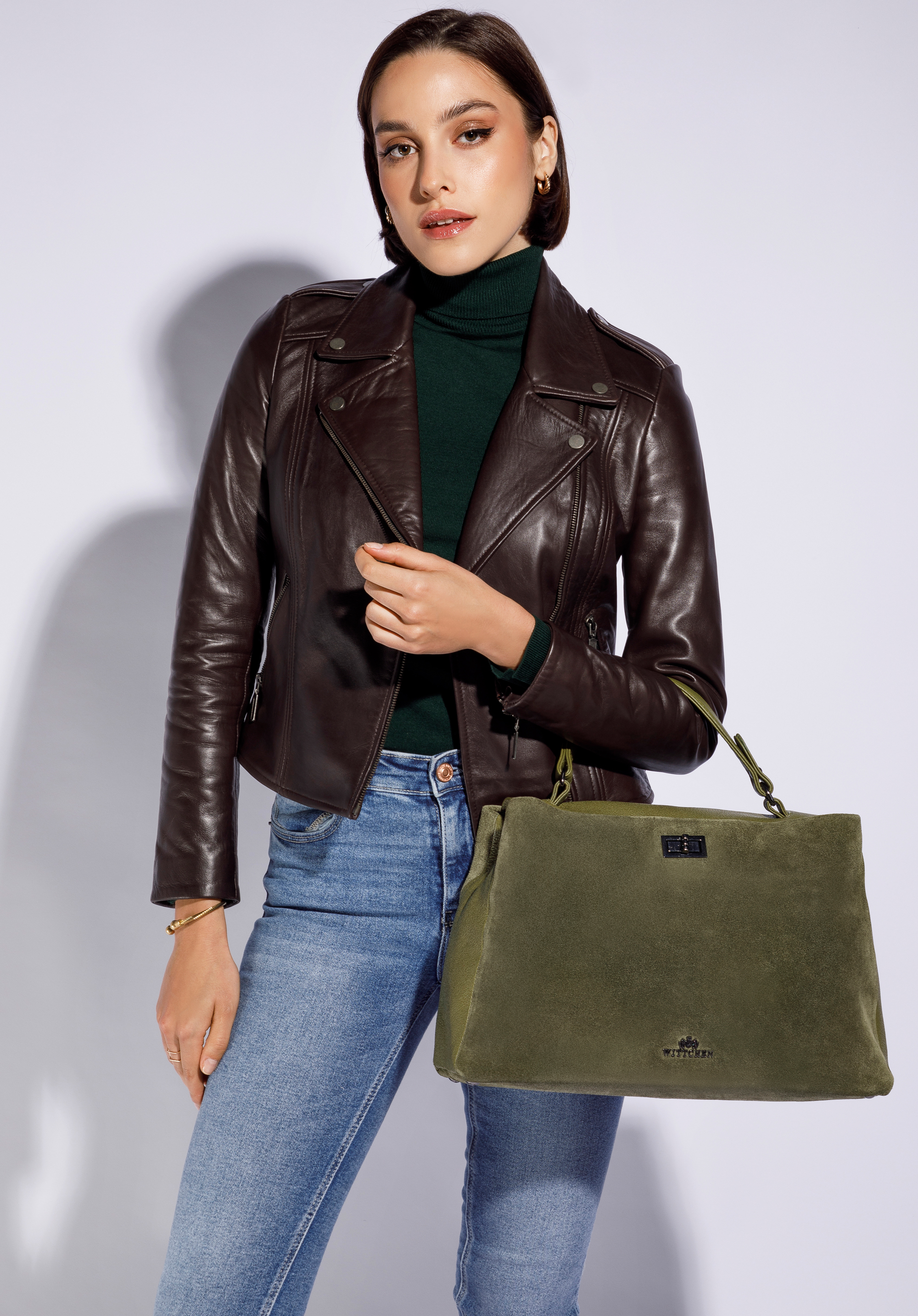 Torebka kuferek z dwóch rodzajów skór