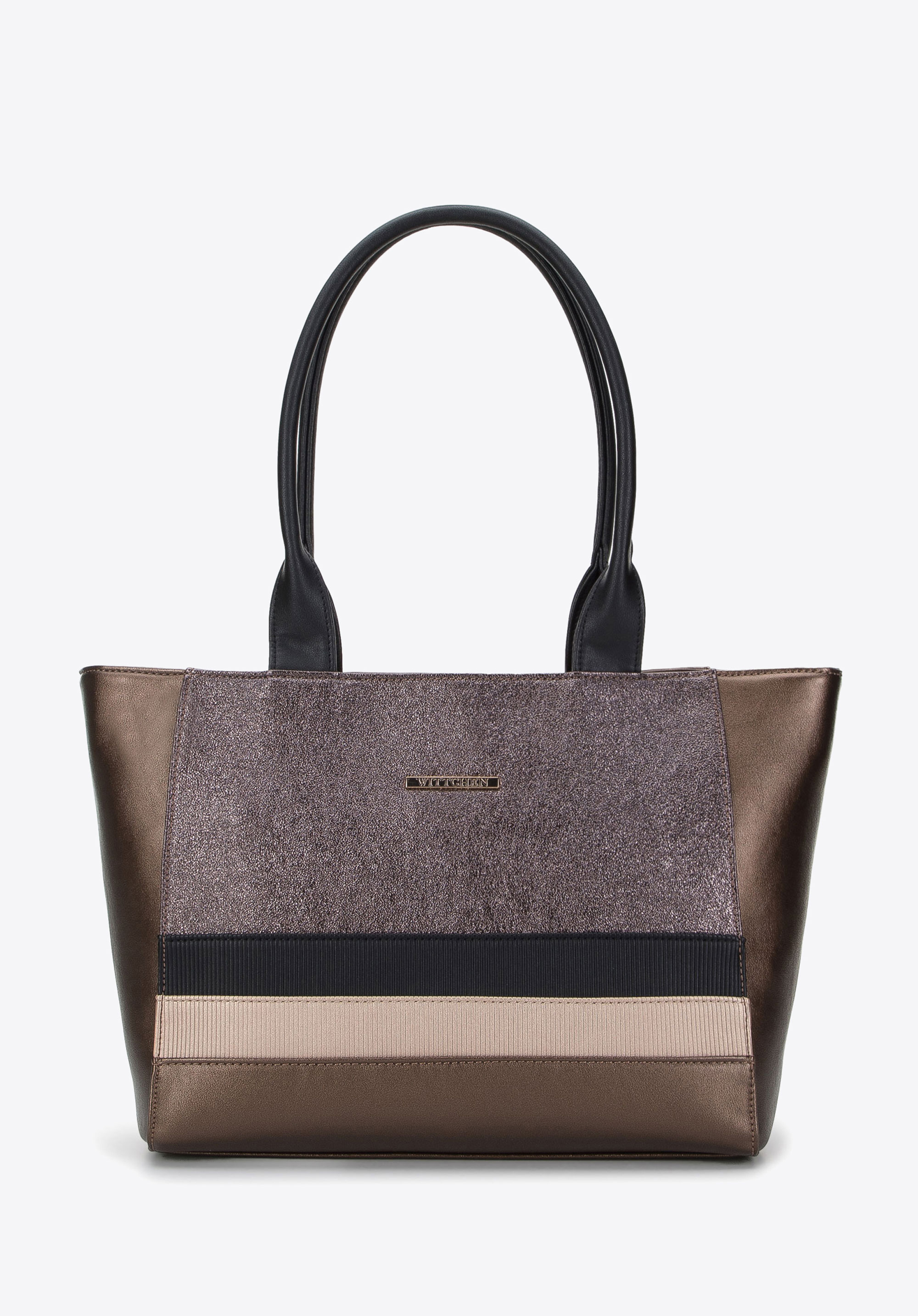 Torebka shopperka z ekoskóry z metaliczną wstawką i paskami