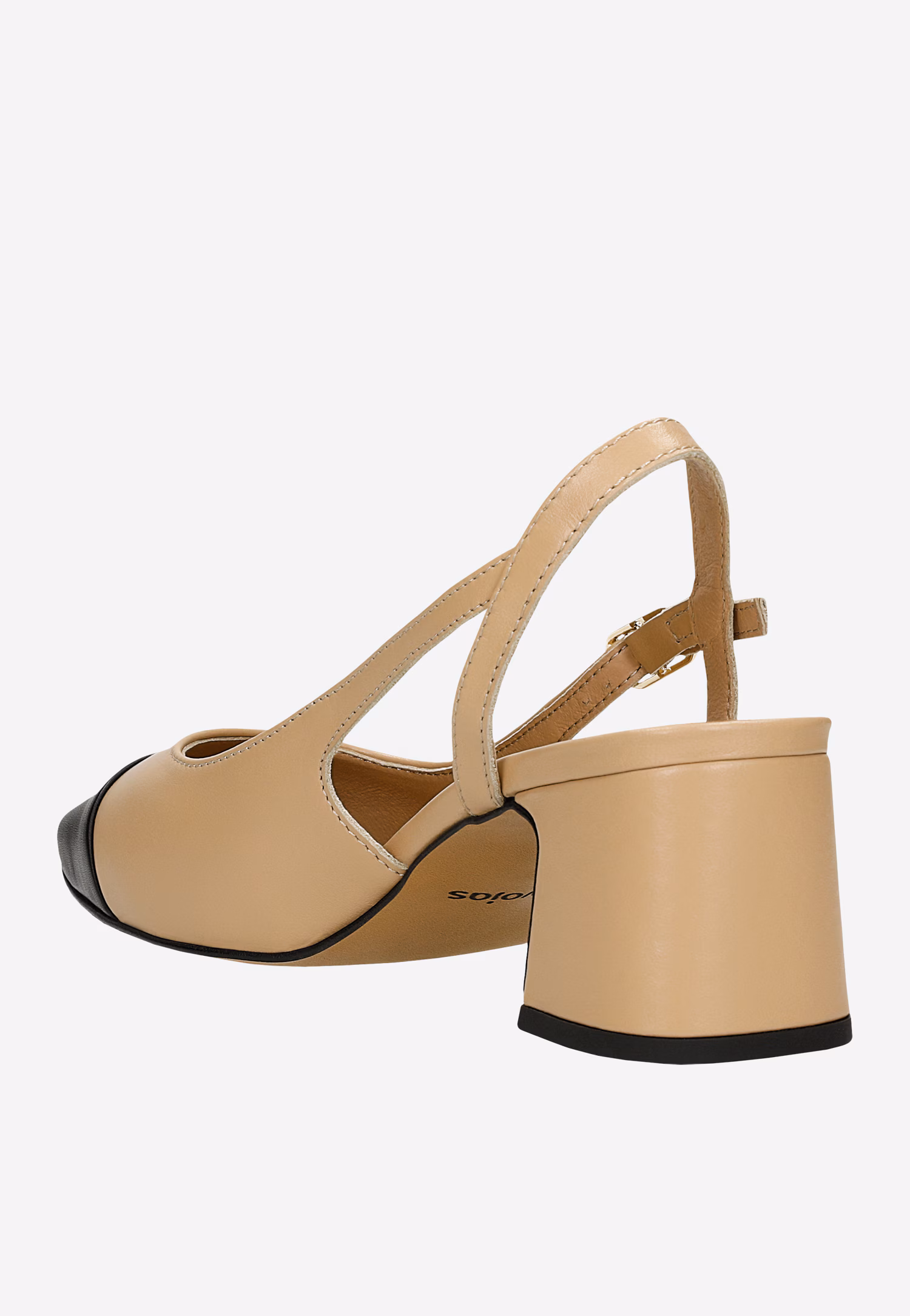 Beżowe skórzane czółenka na słupku z czarnym noskiem