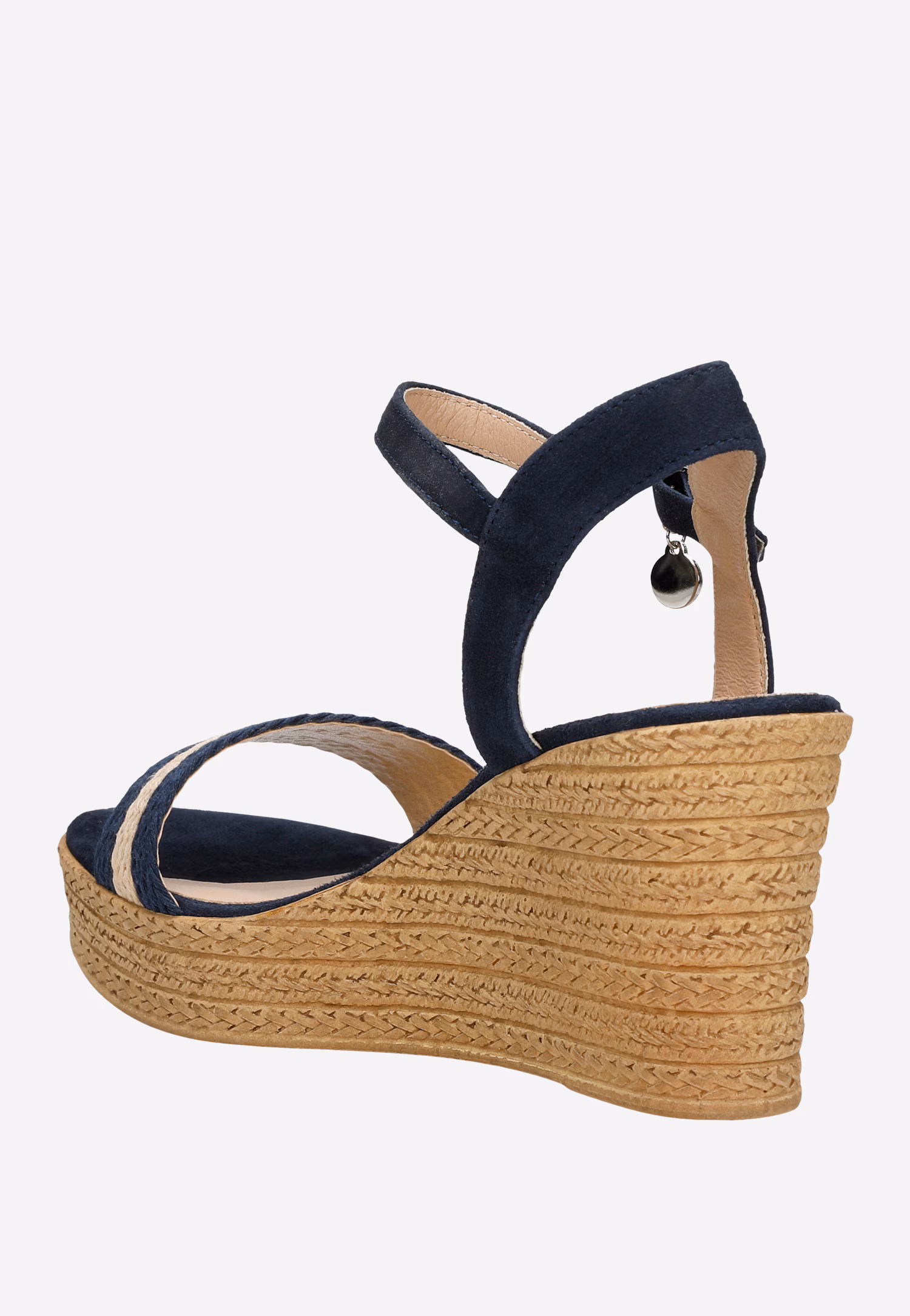 Sandały damskie na koturnie z plecionymi granatowo-beżowymi paskami