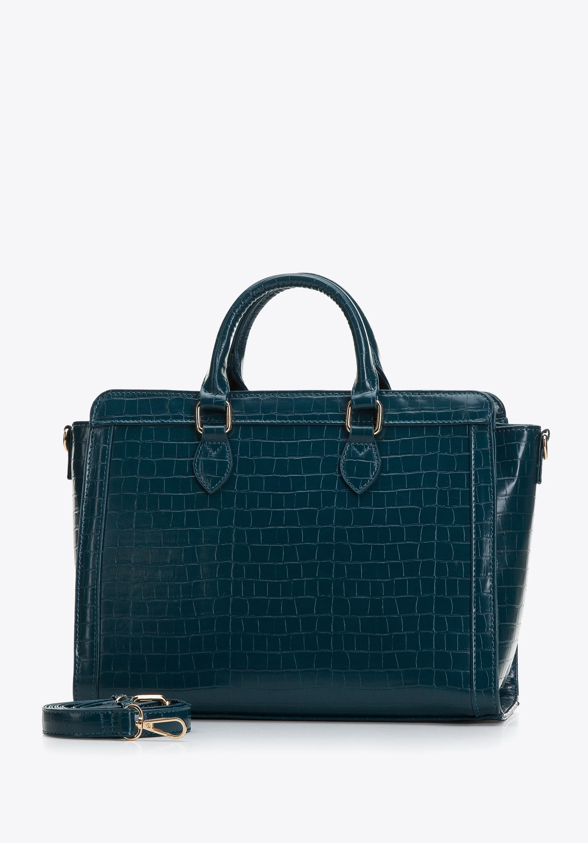 Torebka kuferek z ekoskóry croco z ozdobnym paskiem