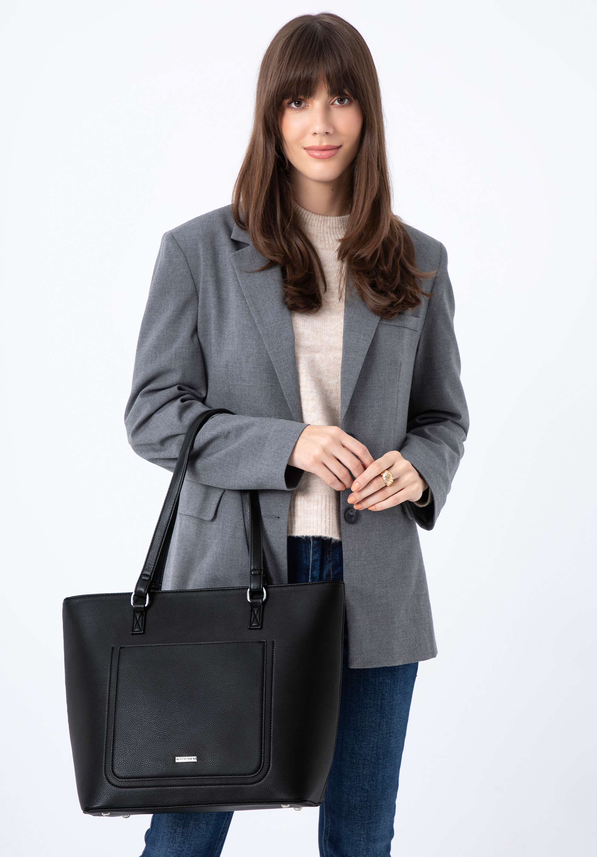 Torebka shopperka z ekoskóry z otwartą kieszenią z przodu