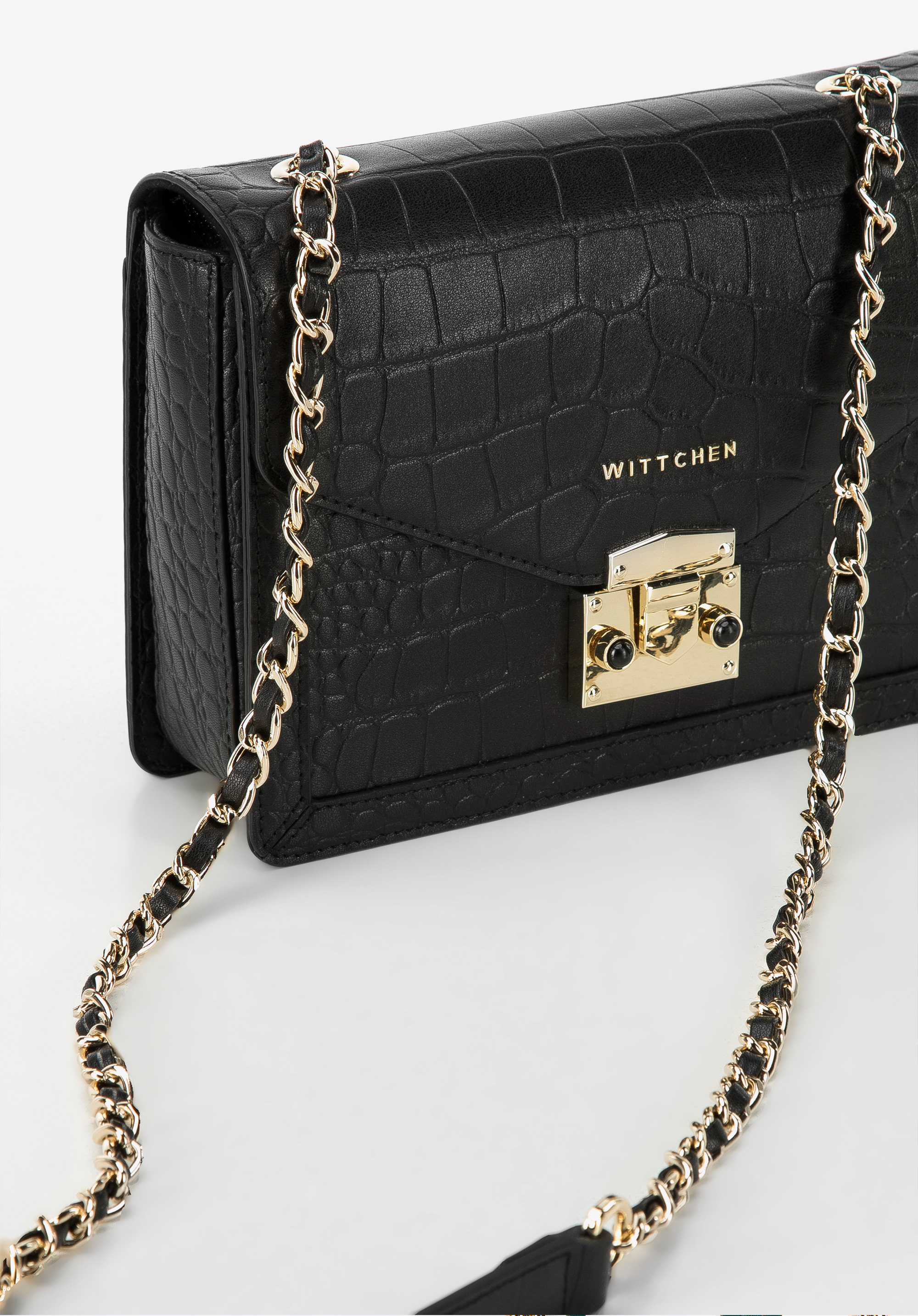 Damska listonoszka ze skóry croco z trójkątną klapą