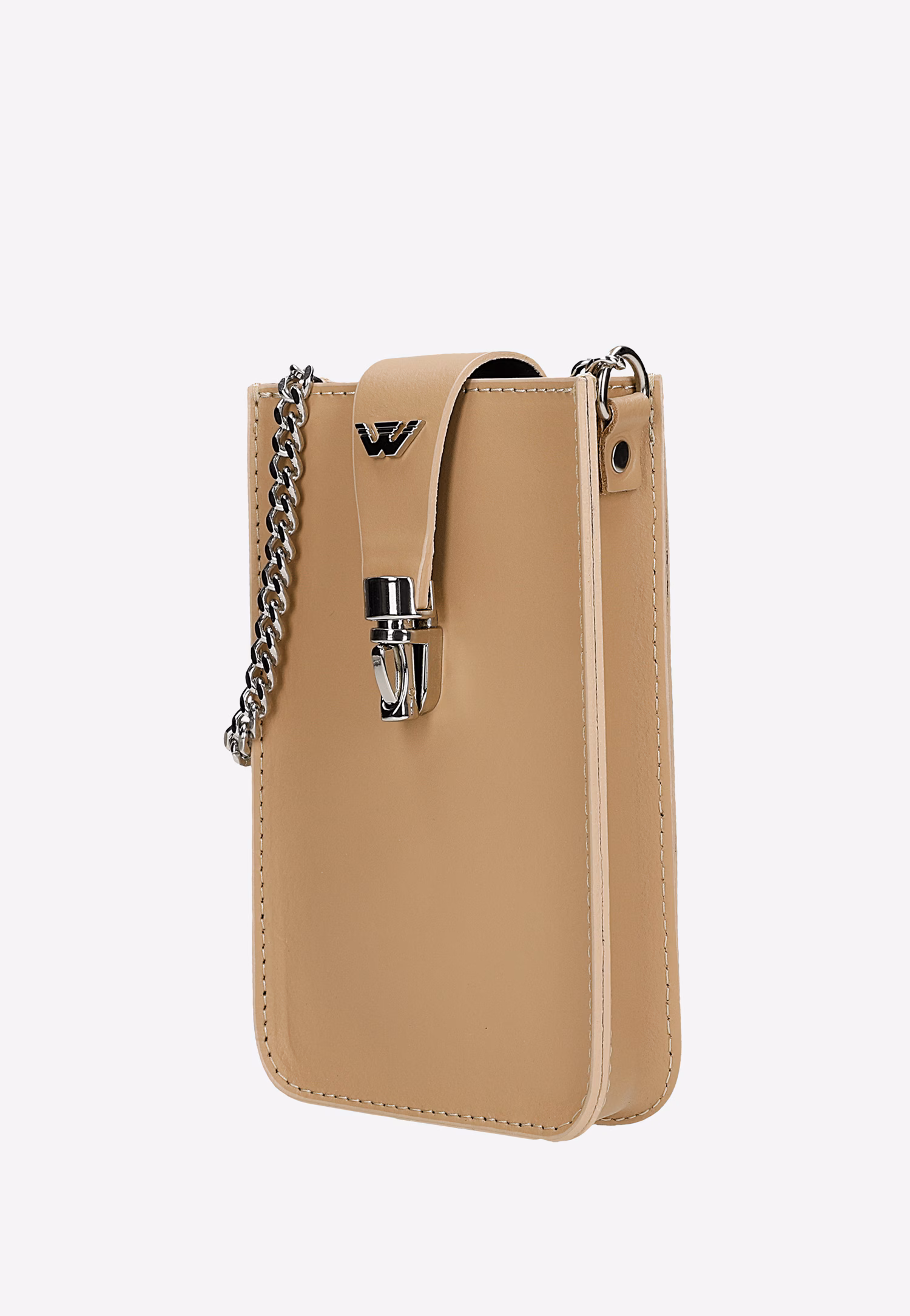 Beżowa torebka na telefon ze srebrnym łańcuchem