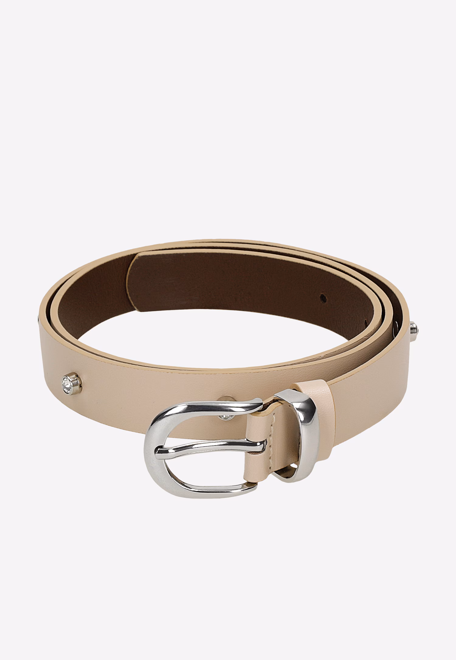 Beżowy skórzany pasek ze srebrną klamrą