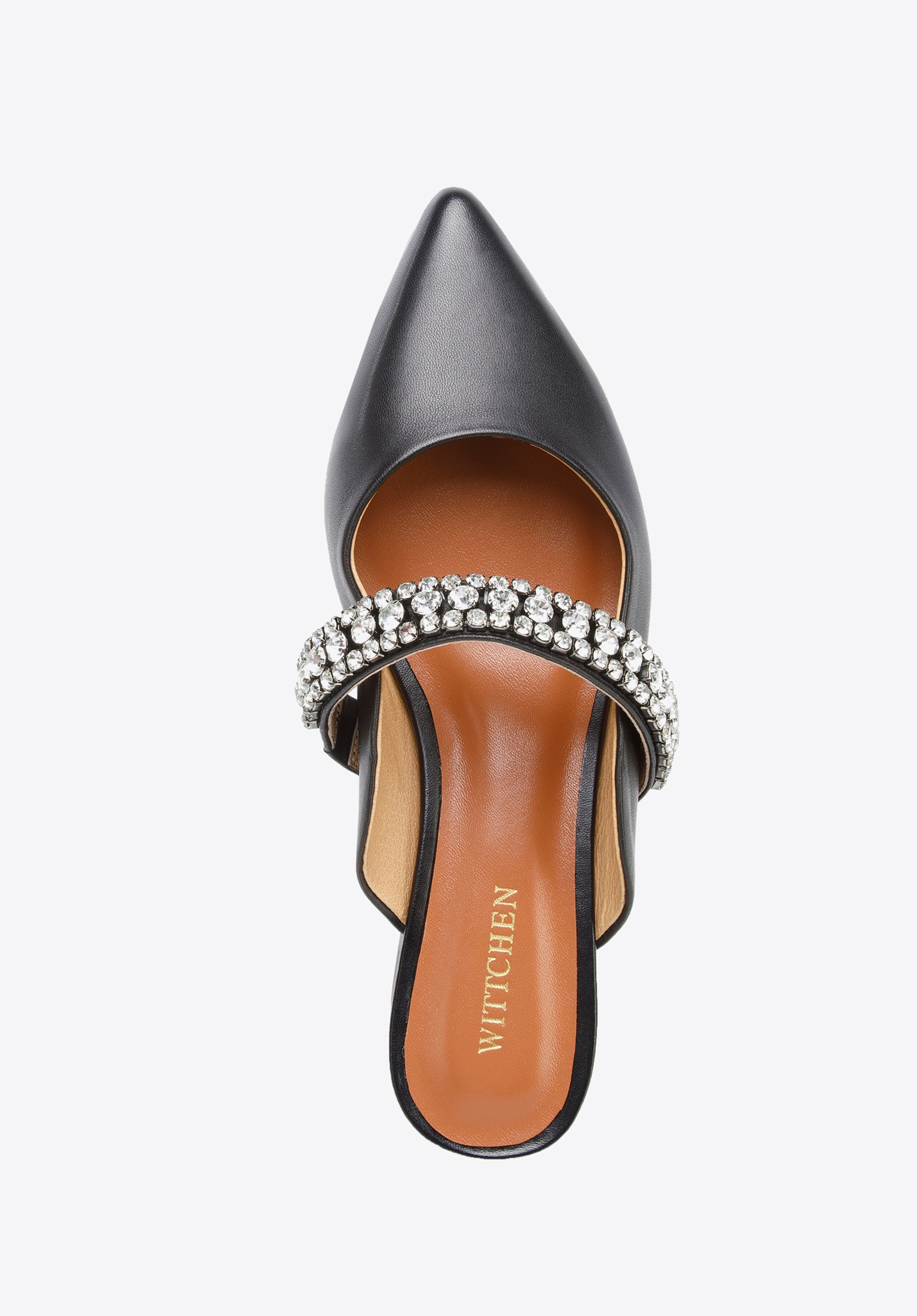 Damskie klapki skórzane z błyszczącym paskiem