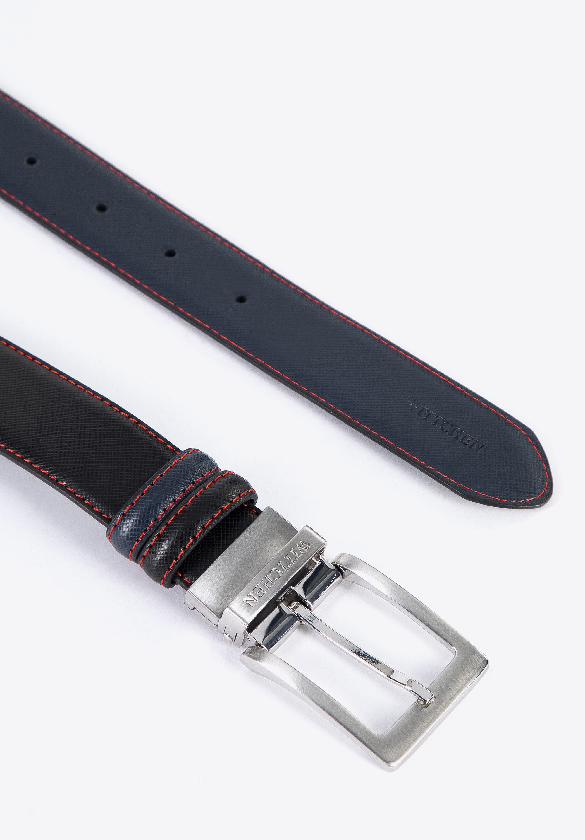 Męski pasek skórzany dwustronny z czerwoną nicią
