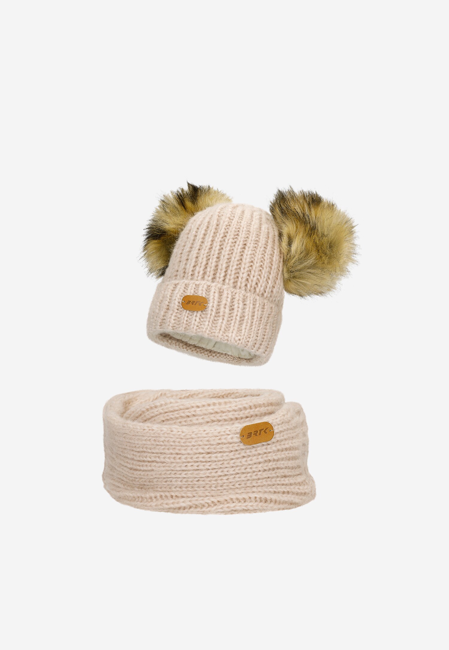 Fioletowy zestaw BARTEK 85603-86  z wełną merino - czapka z dwoma pomponami i komin