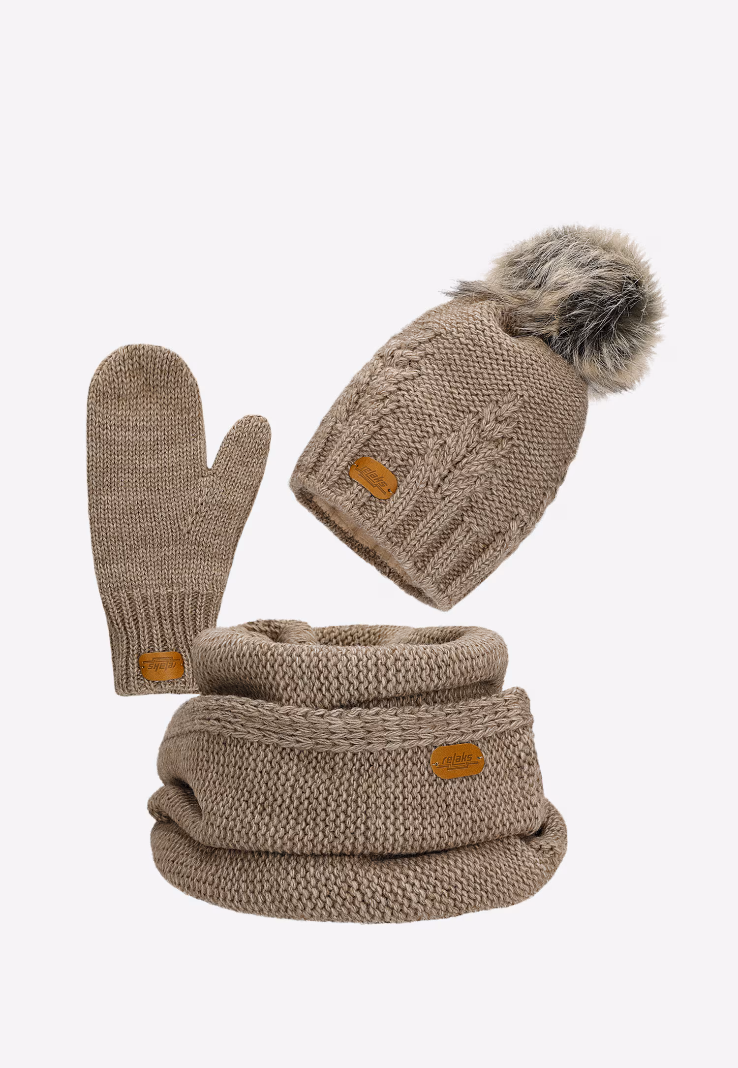 RELAKS zestaw czapka + komin + rękawiczki w kolorze beżowym